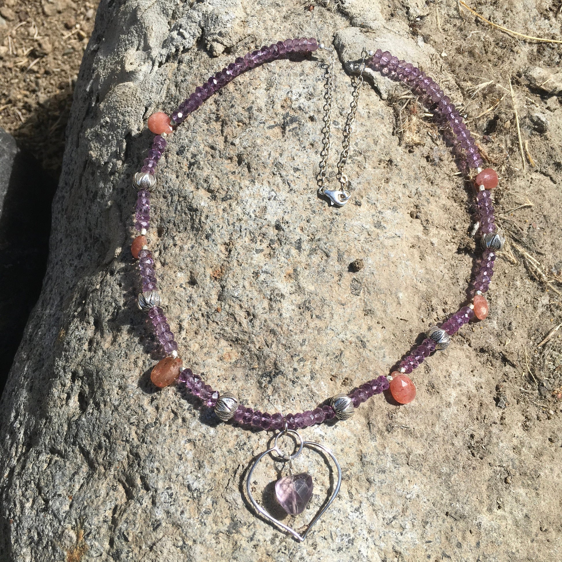 necklace "Healing Petal" Lotus Petal with Amethyst pendant, Amethyst, Sunstone, Chiang Mai beads Hill Tribe Silver, Fall Line, Reiki charged