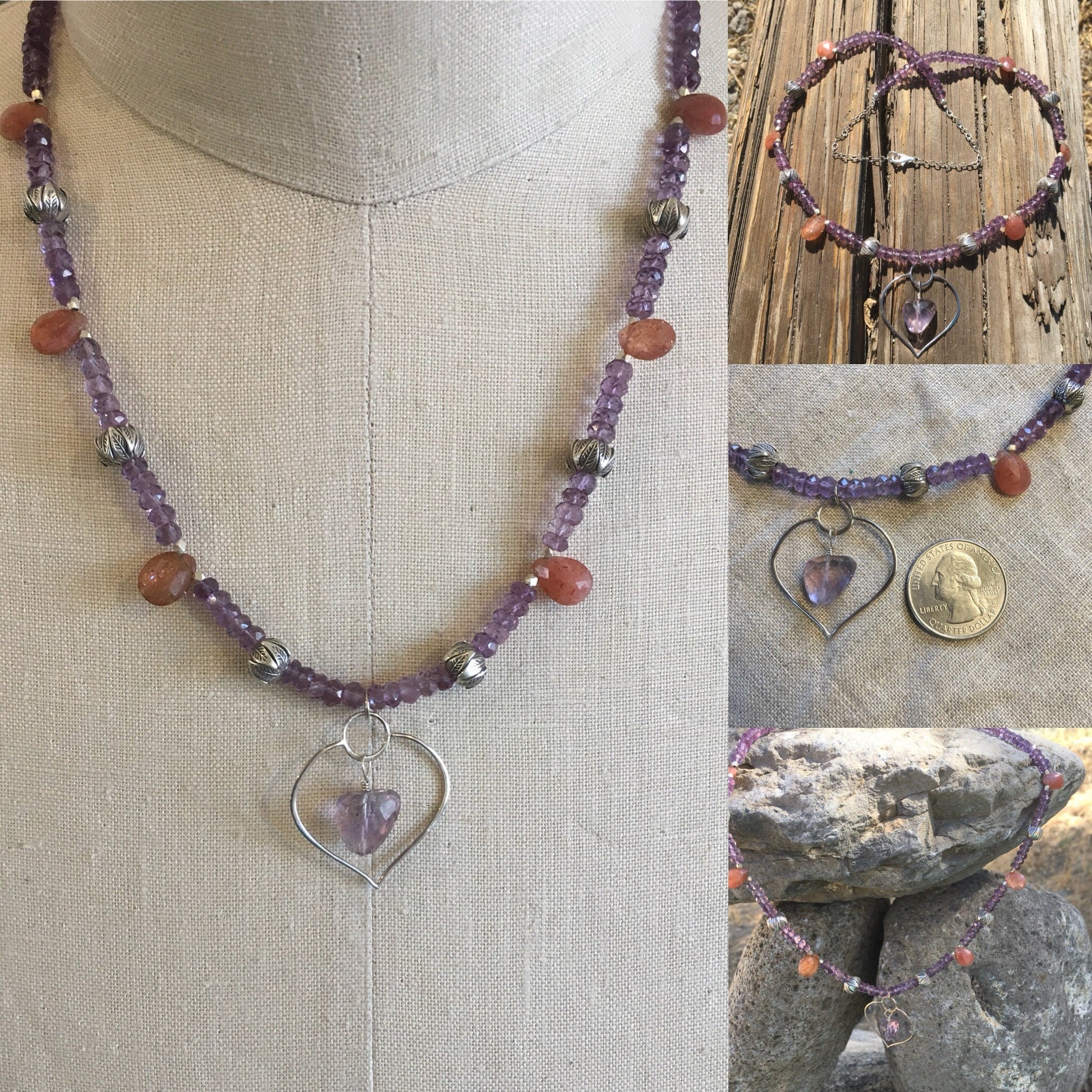 necklace "Healing Petal" Lotus Petal with Amethyst pendant, Amethyst, Sunstone, Chiang Mai beads Hill Tribe Silver, Fall Line, Reiki charged