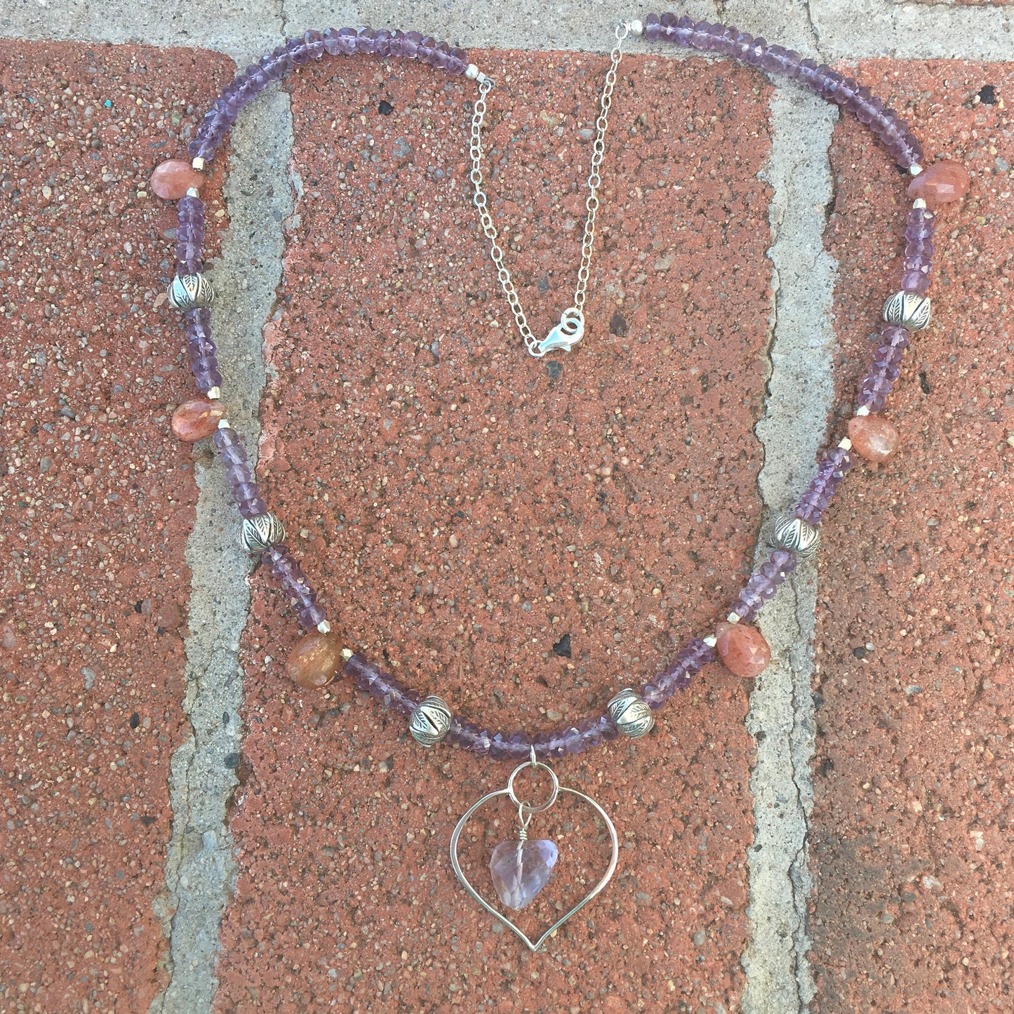 necklace "Healing Petal" Lotus Petal with Amethyst pendant, Amethyst, Sunstone, Chiang Mai beads Hill Tribe Silver, Fall Line, Reiki charged