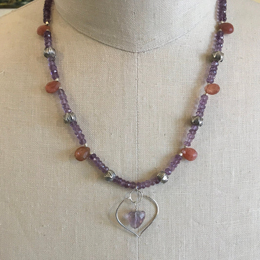 necklace "Healing Petal" Lotus Petal with Amethyst pendant, Amethyst, Sunstone, Chiang Mai beads Hill Tribe Silver, Fall Line, Reiki charged