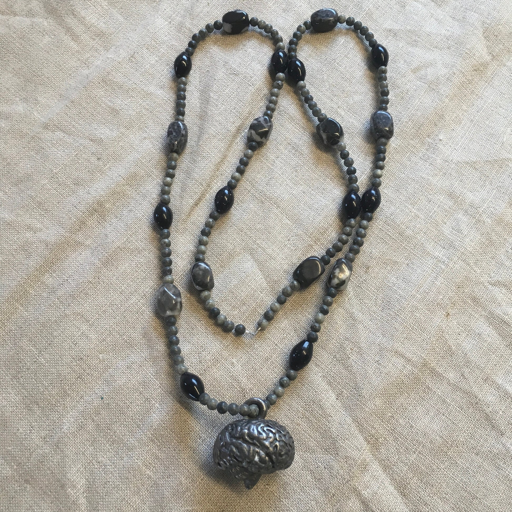 necklace "Grey Matter" Epilepsy Awareness, Pewter Brain pendant, Amazonite, Blue Goldstone, Fundraiser, Reiki charged, Brain Power Healing