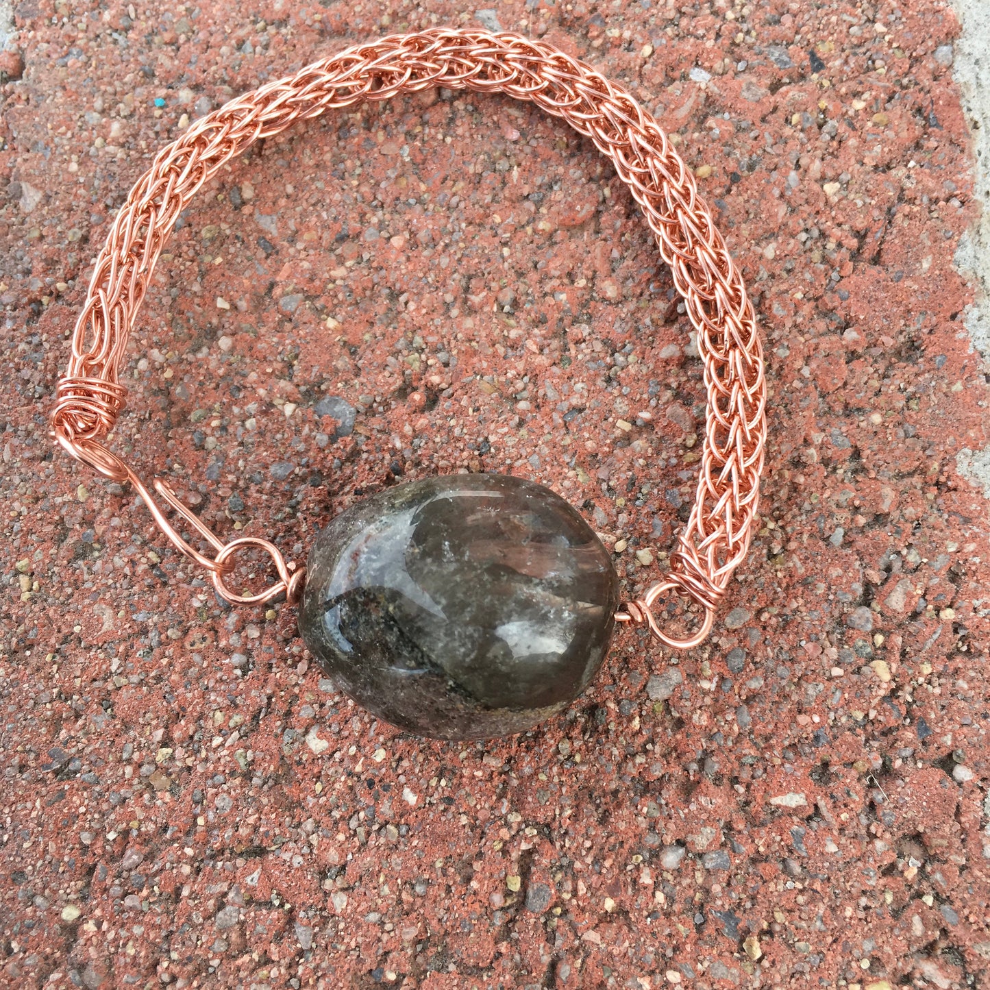 Viking Knit bracelet "Garden Quartz" Copper wire, Quartz focal bead, Handwoven, Lodolite, For Everyone, Gift idea, Reiki charged