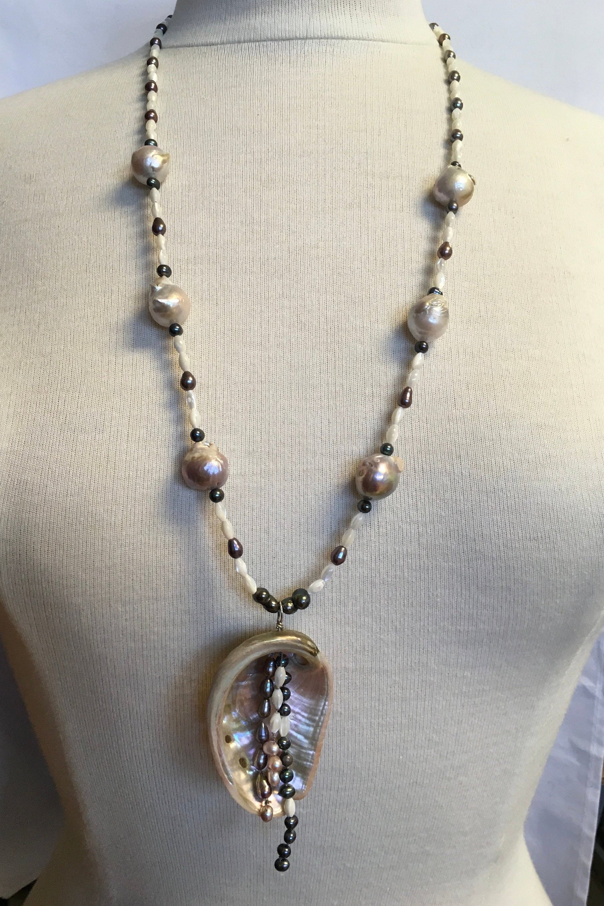 necklace "Waterfall" Abalone & Pearl pendant, Large Baroque Pearls, MOP beads, Mermaid jewelry, Ocean, pearl necklace, Reiki Yemaya Siren