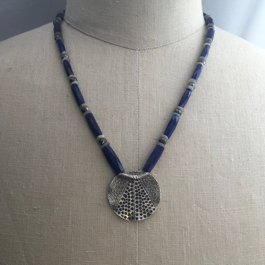 necklace "Universal Flow" Hill Tribe Silver pendant, Afghan Lapis, Grey Moonstone, Pyrite, Gender Neutral, Gift idea, Reiki charged