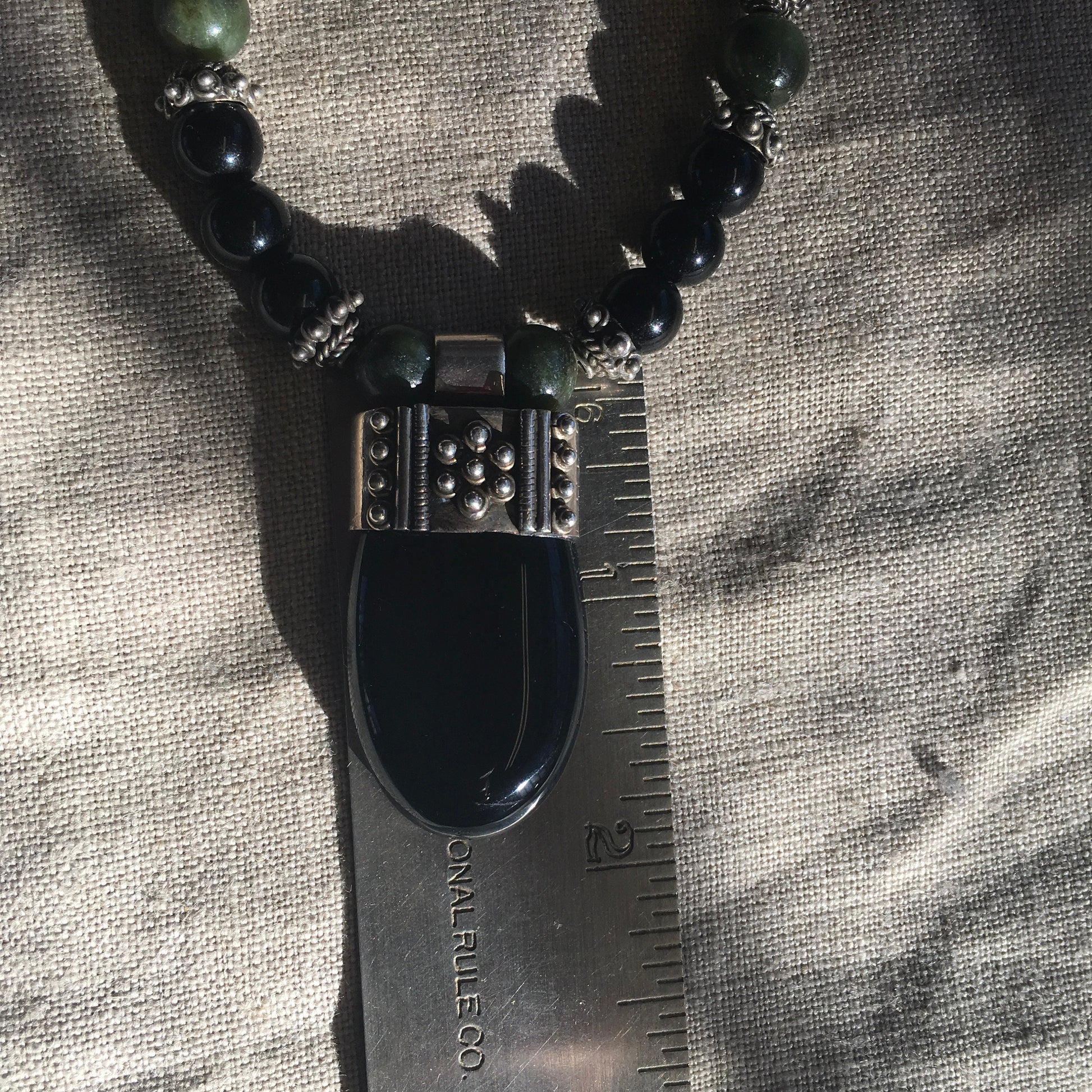 necklace "Grounded Prosperity" Onyx pendant, Onyx beads, Vintage Jade, Bali Silver caps, Reiki charged, Gender Neutral jewelry, Gift Idea