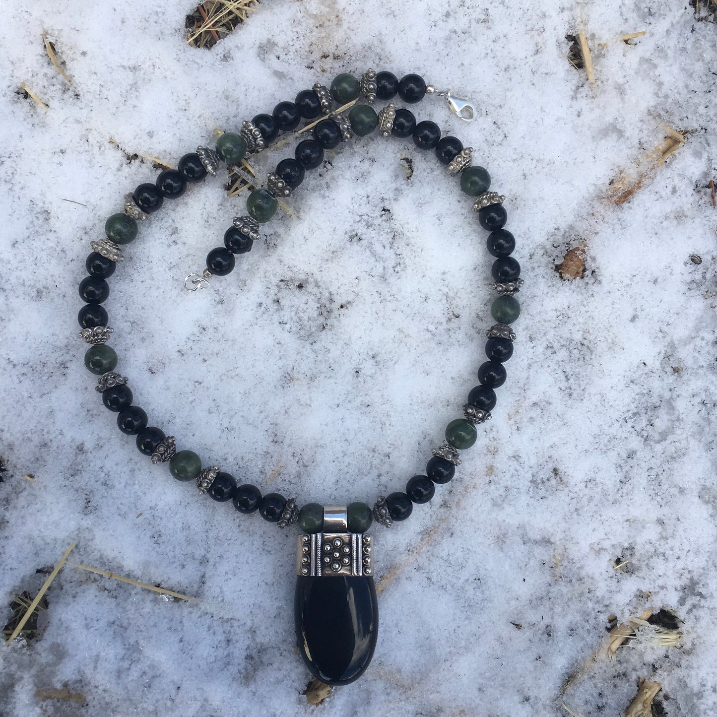 necklace "Grounded Prosperity" Onyx pendant, Onyx beads, Vintage Jade, Bali Silver caps, Reiki charged, Gender Neutral jewelry, Gift Idea