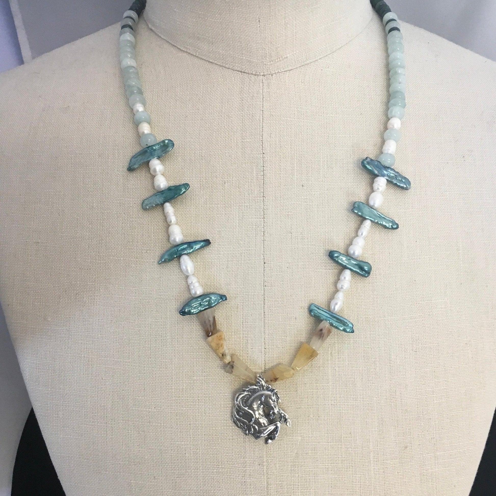 necklace "Wild Horses" Sterling Horse pendant, Freshwater Pearls, Aquamarine, Apatite, Horse jewelry, Wave Jewelry, Gift Idea, Poseidon