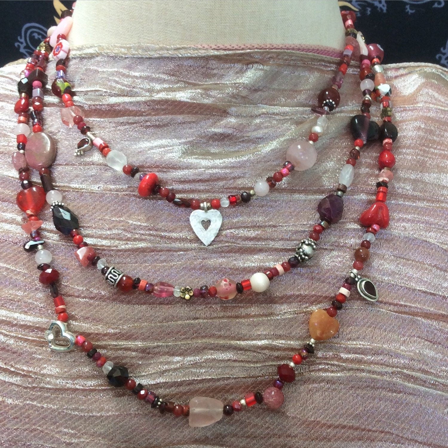 Multi-strand Heart necklace "Love Matters"  Heart pendant, Gift idea, Valentine's Day, Garnets, Rose Quartz, Pink Opal, Pink Tourmaline