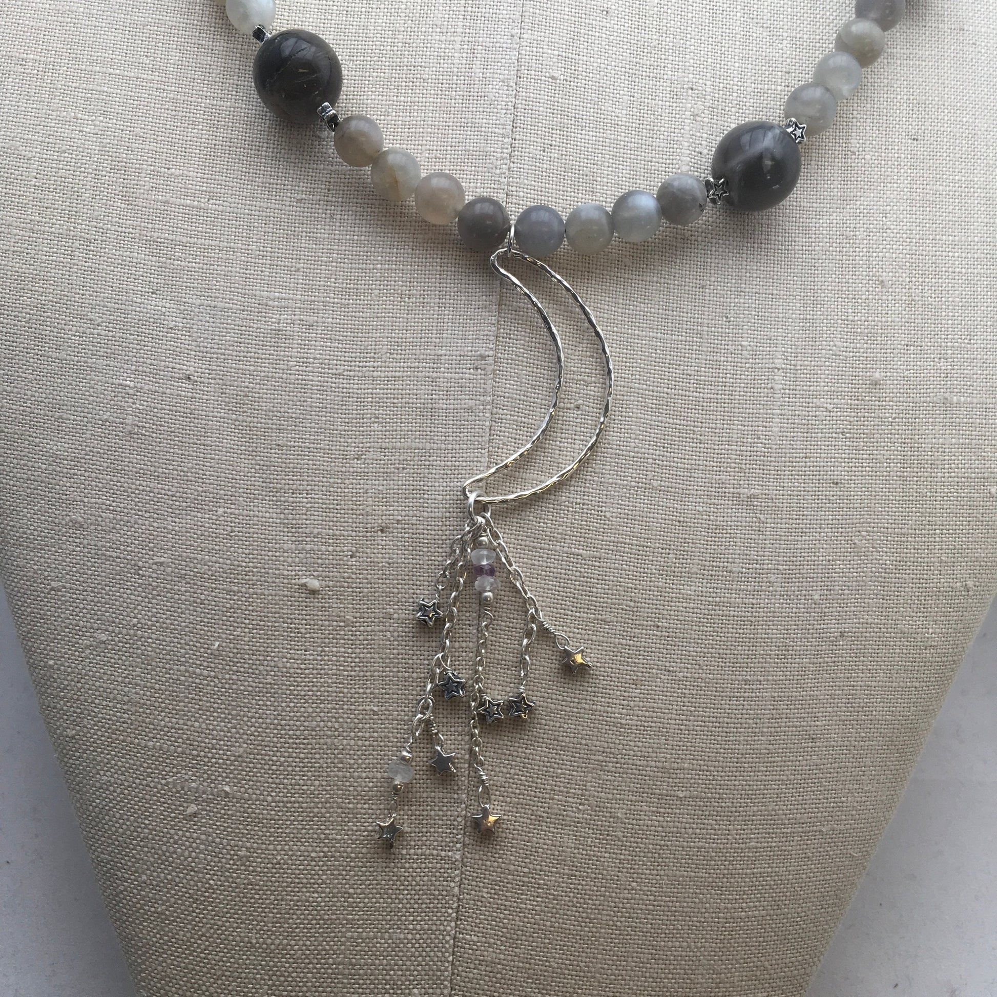 necklace "Night Fall" Sterling Crescent Moon with Stars pendant, Black Moonstone, Grey Moonstone, Dark Moon jewelry, Reiki charged, Moon