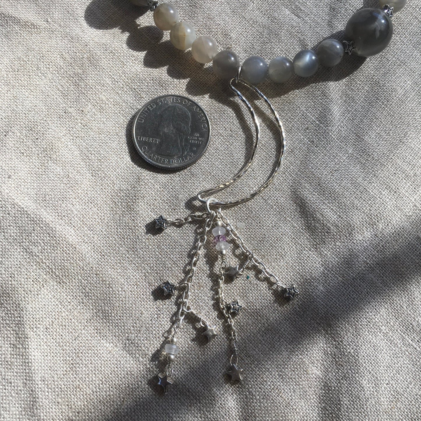 necklace "Night Fall" Sterling Crescent Moon with Stars pendant, Black Moonstone, Grey Moonstone, Dark Moon jewelry, Reiki charged, Moon