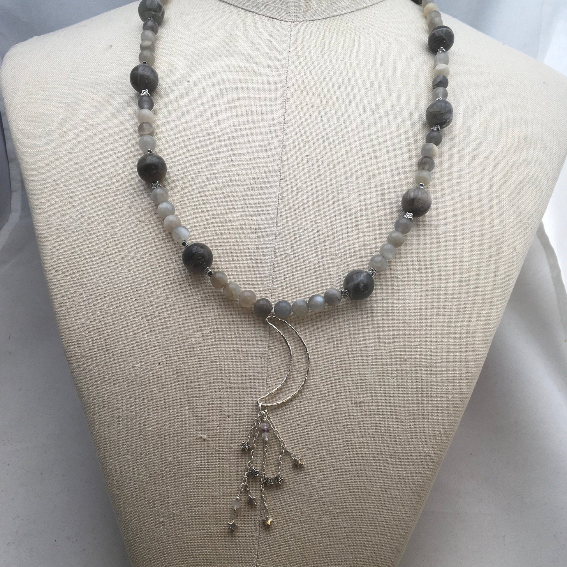 necklace "Night Fall" Sterling Crescent Moon with Stars pendant, Black Moonstone, Grey Moonstone, Dark Moon jewelry, Reiki charged, Moon