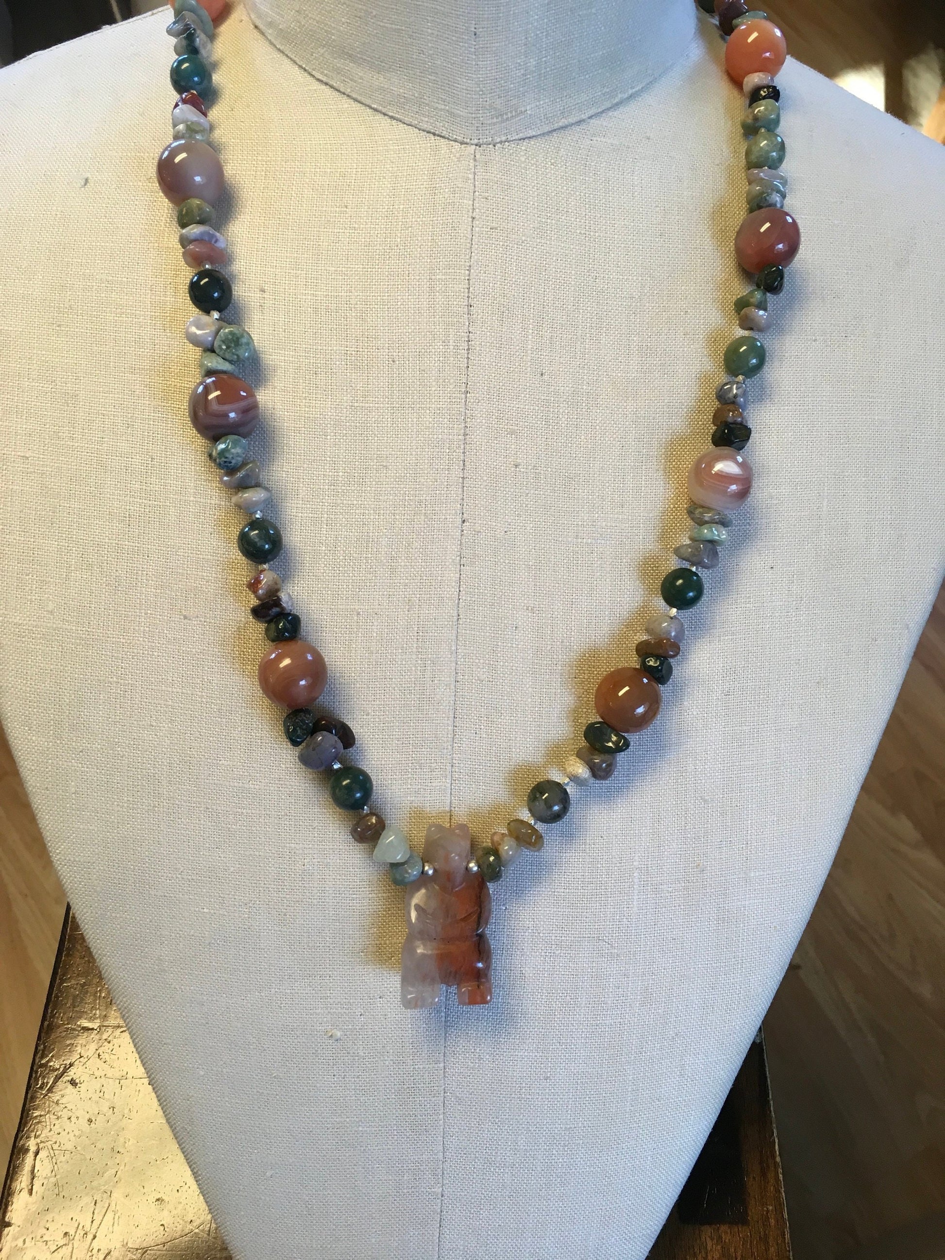 necklace "Hibernation" Carved agate Bear Fetish, Botswana agate, Hill Tribe Silver, Earth energy, Reiki charged, Gift Idea, Gender Neutral