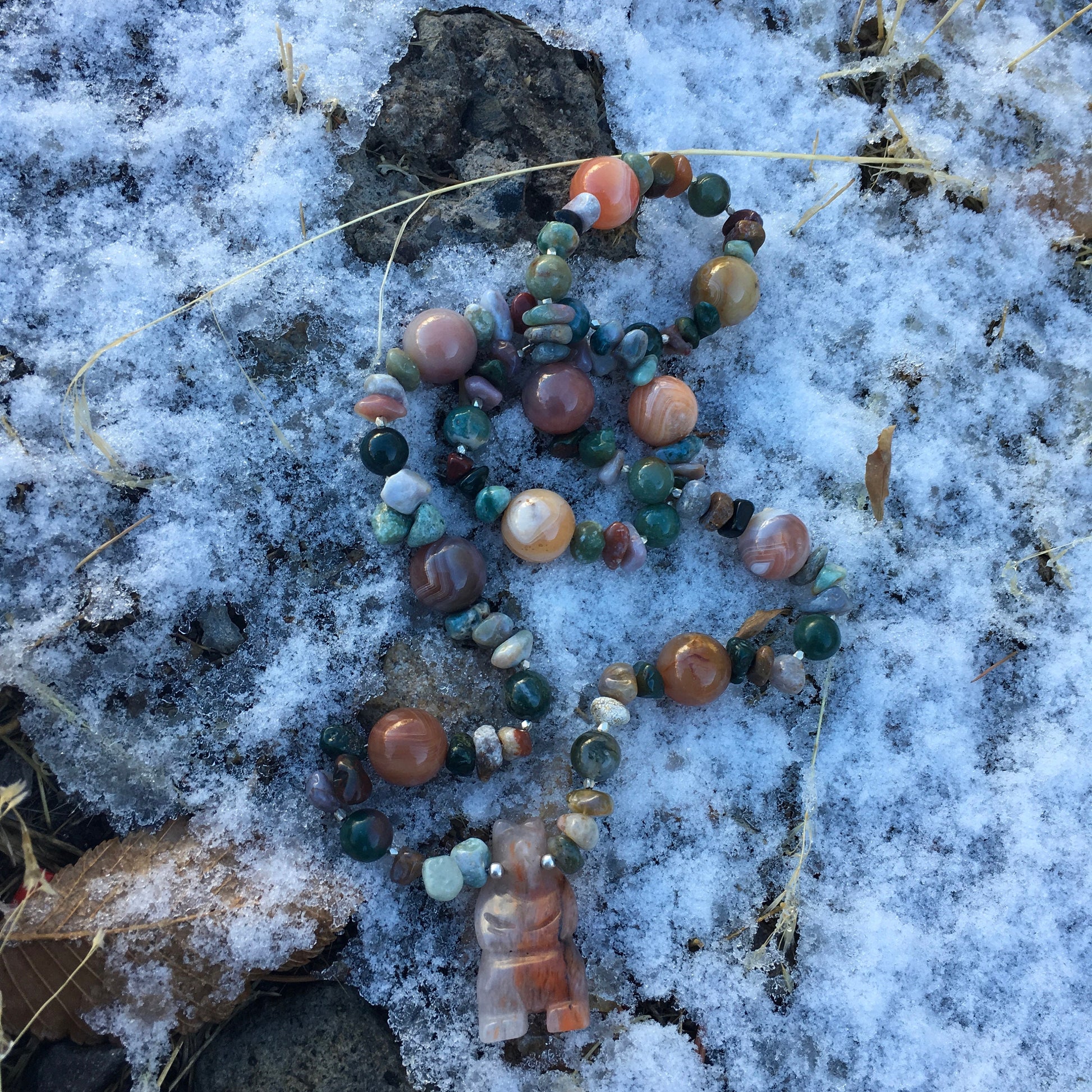 necklace "Hibernation" Carved agate Bear Fetish, Botswana agate, Hill Tribe Silver, Earth energy, Reiki charged, Gift Idea, Gender Neutral