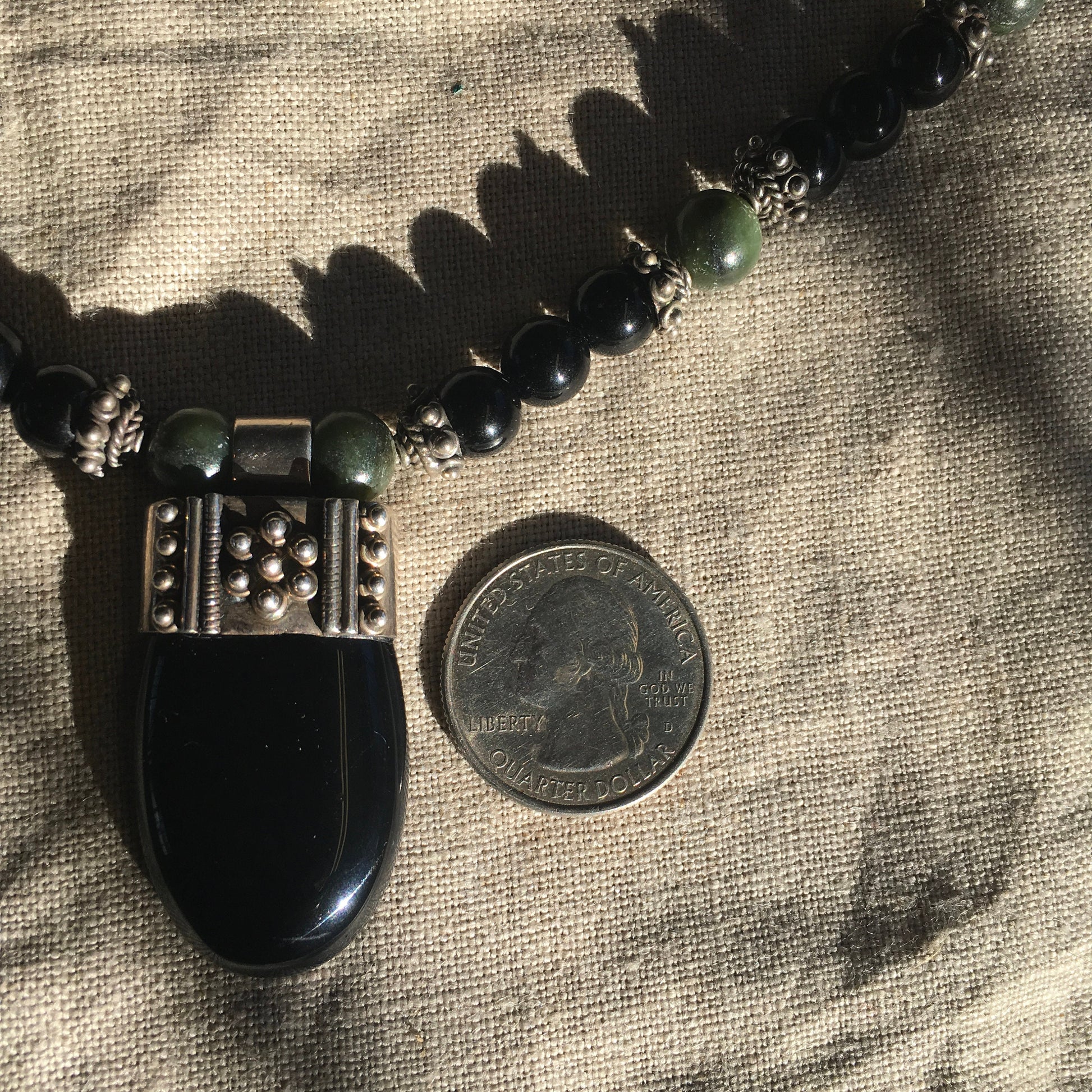 necklace "Grounded Prosperity" Onyx pendant, Onyx beads, Vintage Jade, Bali Silver caps, Reiki charged, Gender Neutral jewelry, Gift Idea