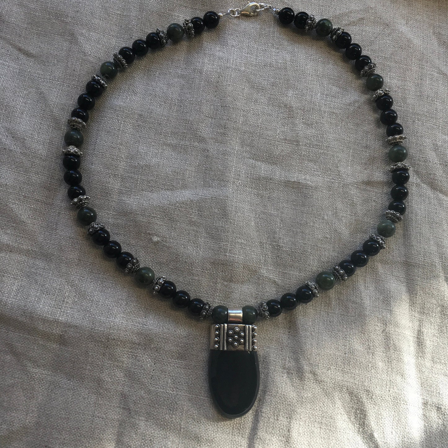 necklace "Grounded Prosperity" Onyx pendant, Onyx beads, Vintage Jade, Bali Silver caps, Reiki charged, Gender Neutral jewelry, Gift Idea