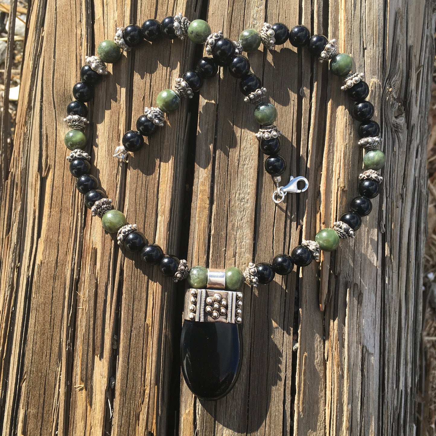 necklace "Grounded Prosperity" Onyx pendant, Onyx beads, Vintage Jade, Bali Silver caps, Reiki charged, Gender Neutral jewelry, Gift Idea