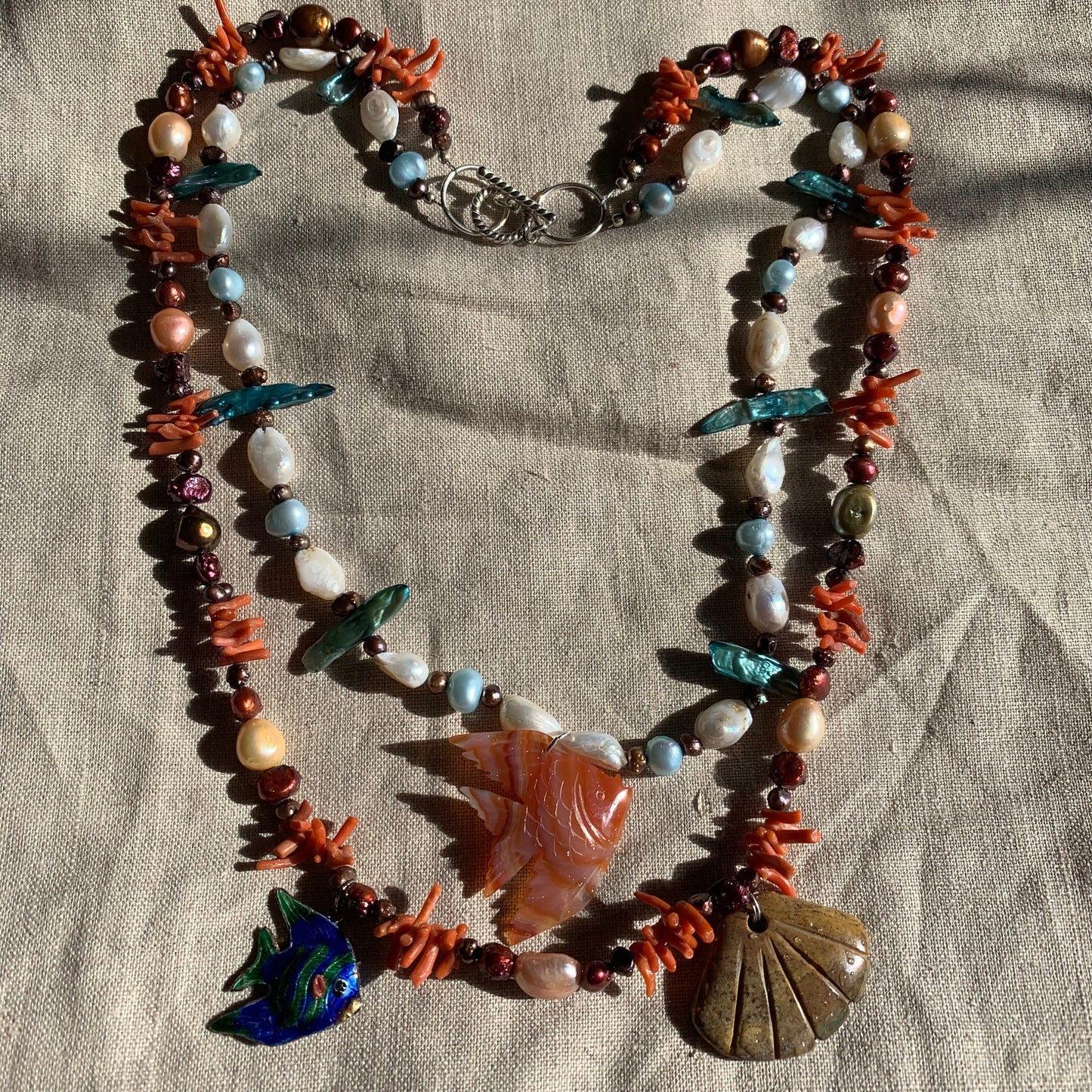 Ocean necklace "Tropical Reef" Carnelian Fish, Enameled Fish, Jasper Shell, Vintage Coral, Freshwater Pearls, Gift idea, Mermaid jewelry