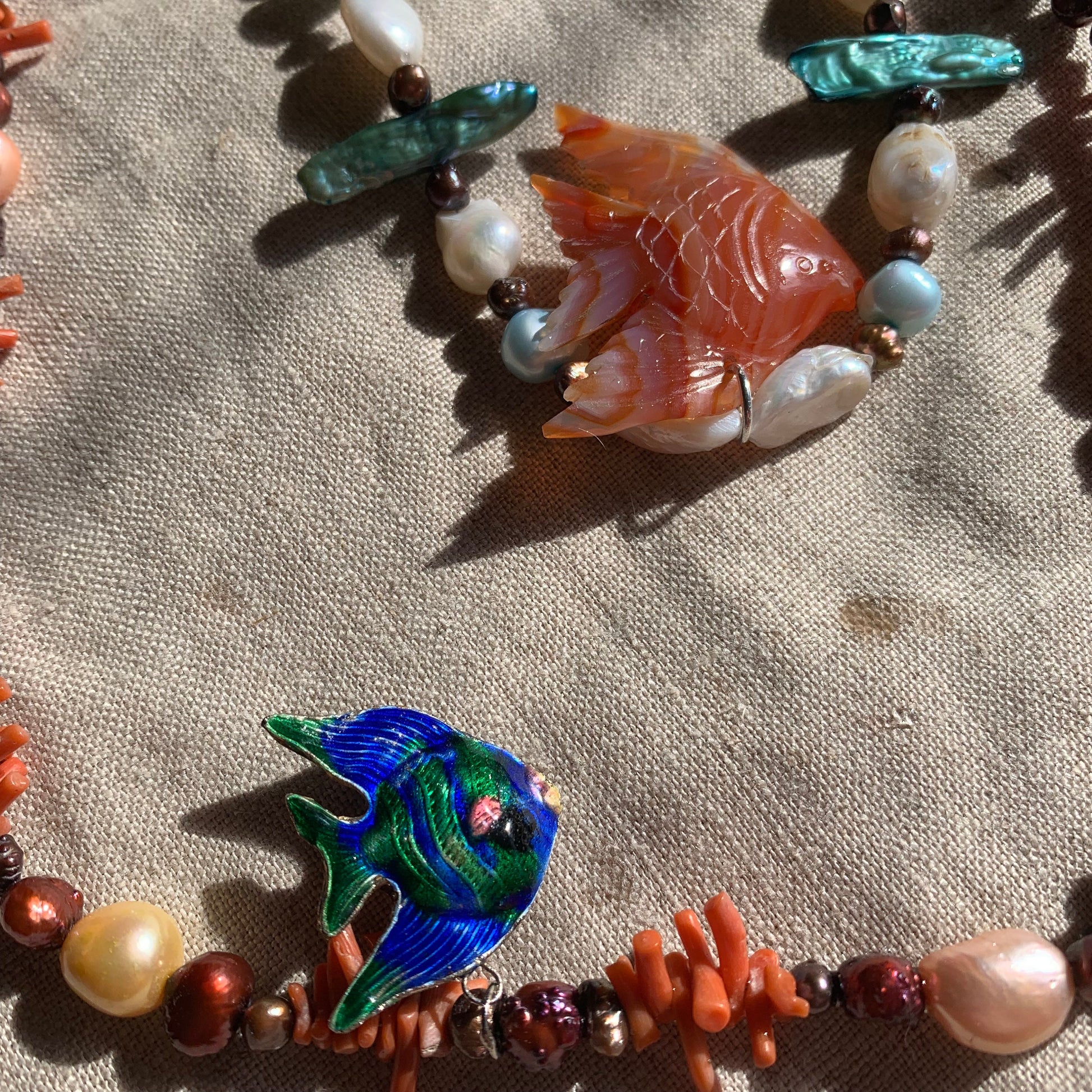 Ocean necklace "Tropical Reef" Carnelian Fish, Enameled Fish, Jasper Shell, Vintage Coral, Freshwater Pearls, Gift idea, Mermaid jewelry