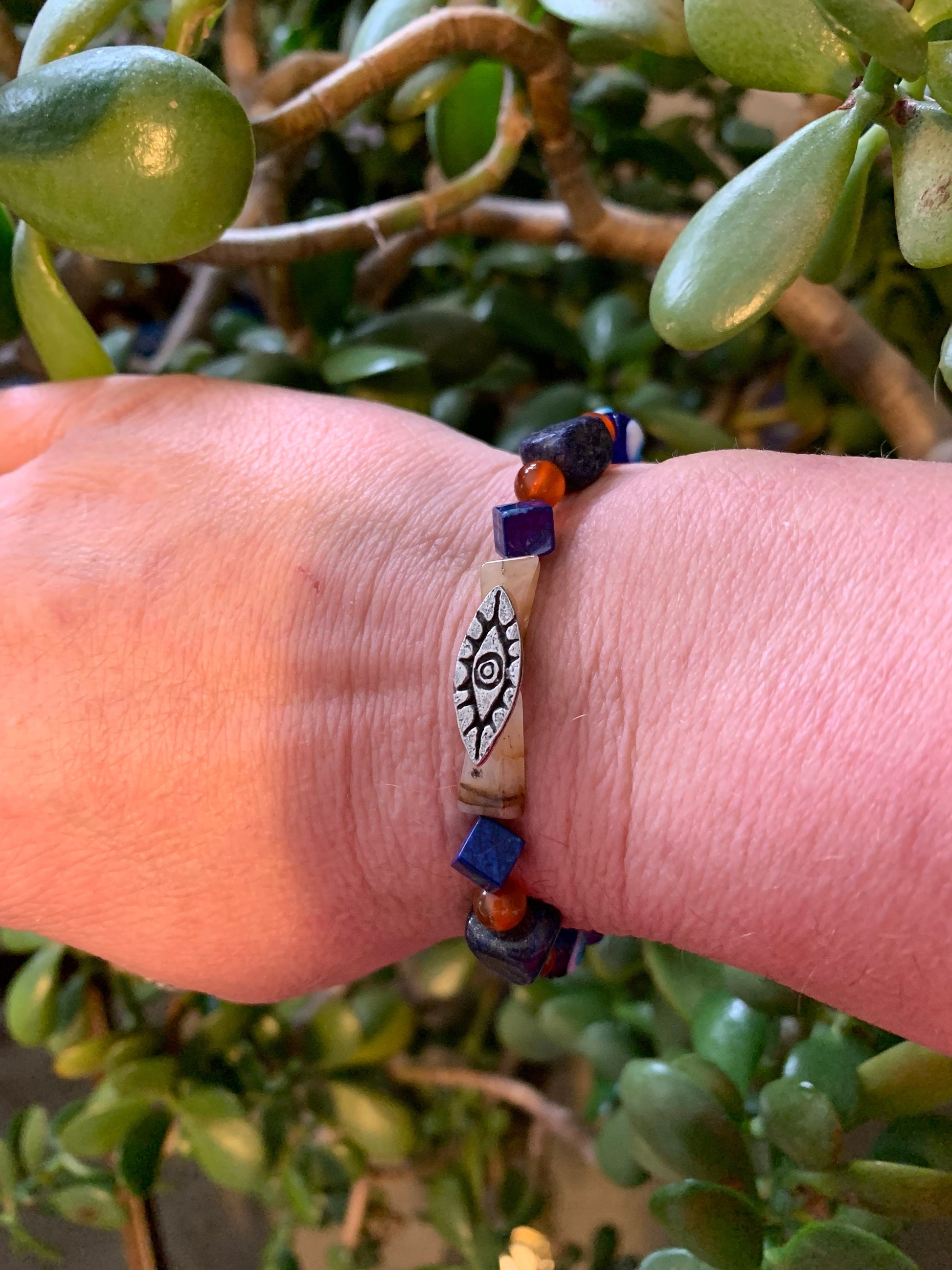 bracelet "Eye See You" Pewter All Seeing Eye, Lapis, Carnelian, Agate, Evil Eye beads, Protection, Gift idea, Gender Neutral, Reiki charged