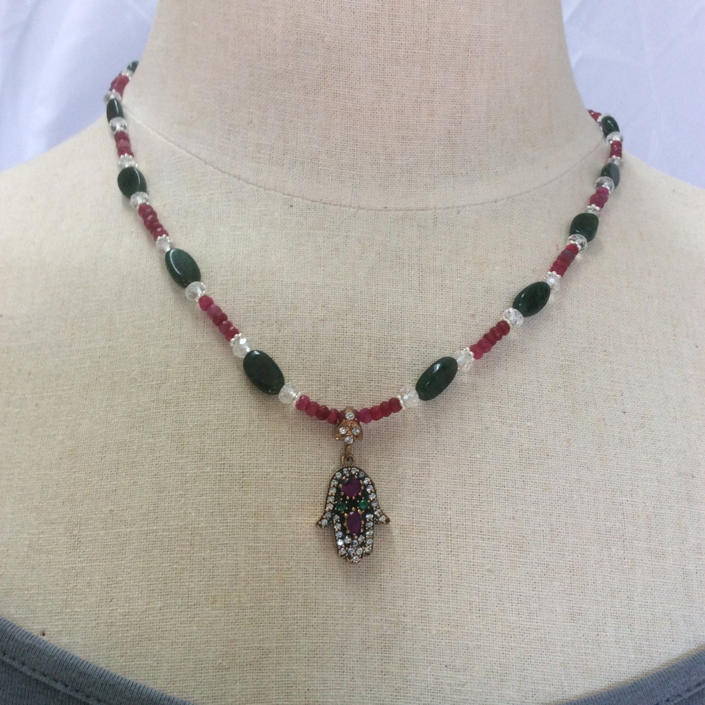 necklace "Divine Hand" Hamsa with rubies emeralds & topaz, ruby quartz, emerald, faceted quartz, Hand of God, Hand of Fatima, Gift idea