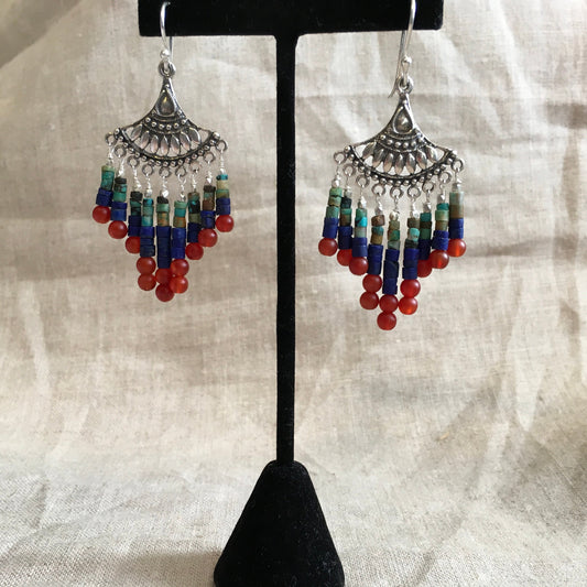 earrings "Cleo's Chandeliers" Sterling charm, Carnelian, Afghan Lapis, Turquoise, Chandelier earrings, Boho style, Belly Dancer earrings