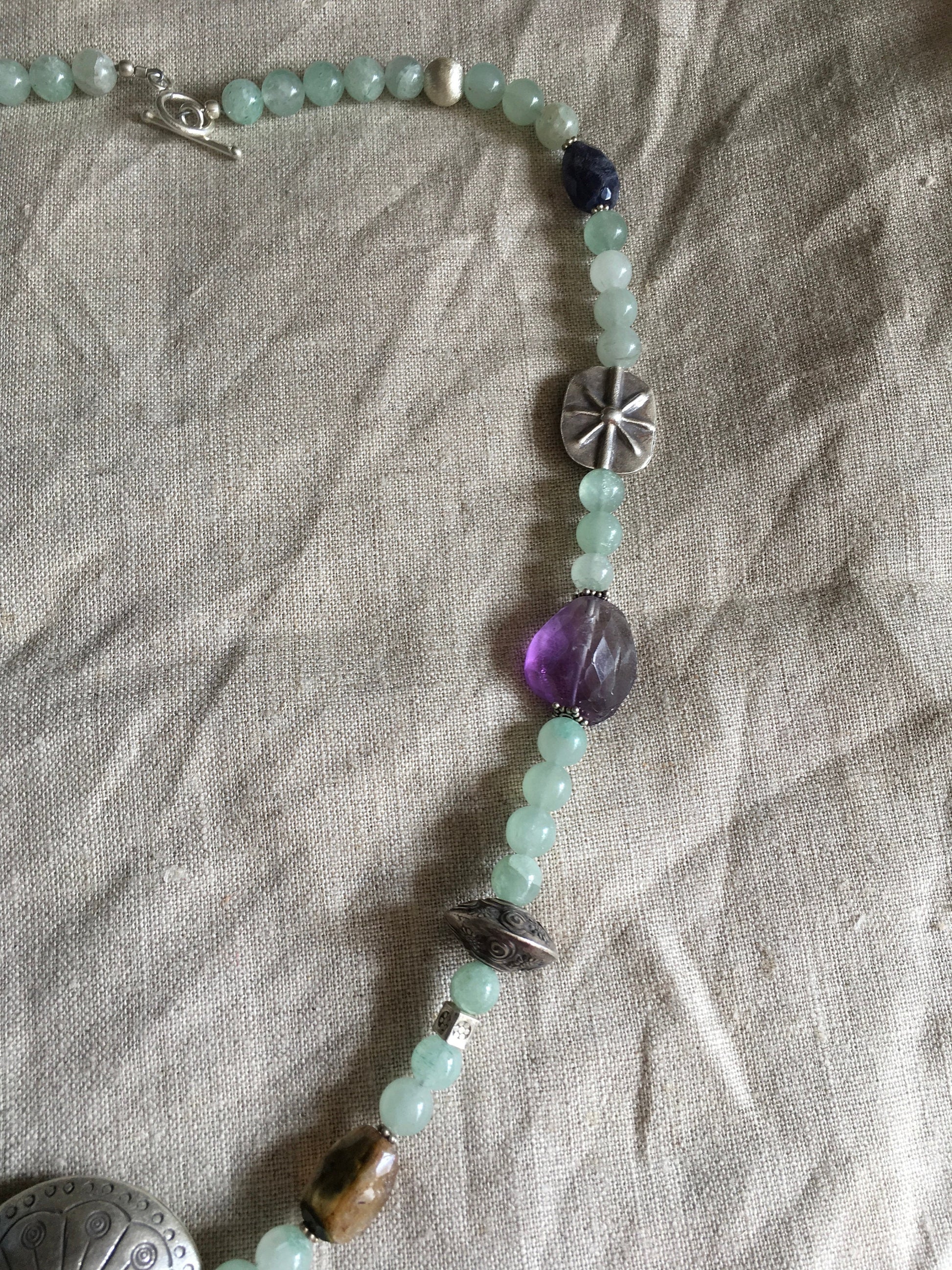 necklace "Spring Statement" Fine Silver focal beads, Aventurine, Iolite, Amethyst, Tourmaline, Statement piece, Gender Neutral, Reiki vibes