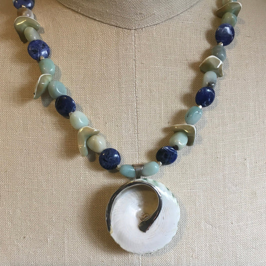 necklace "Mavericks" Shell & Sterling pendant, Amazonite, Sodalite, Shells, Mermaid necklace, Beach wear, Surfer jewelry, Reiki charged, Sea