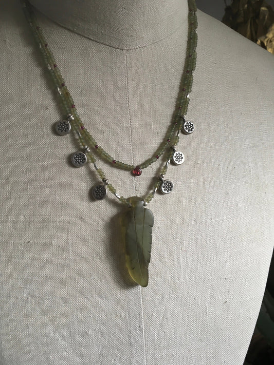 necklace "Kore on the Verge" Carved Jade leaf, Jade, Garnet, Persephone, Spring necklace, Hill Tribe Silver, Reiki charged, Pomegranate