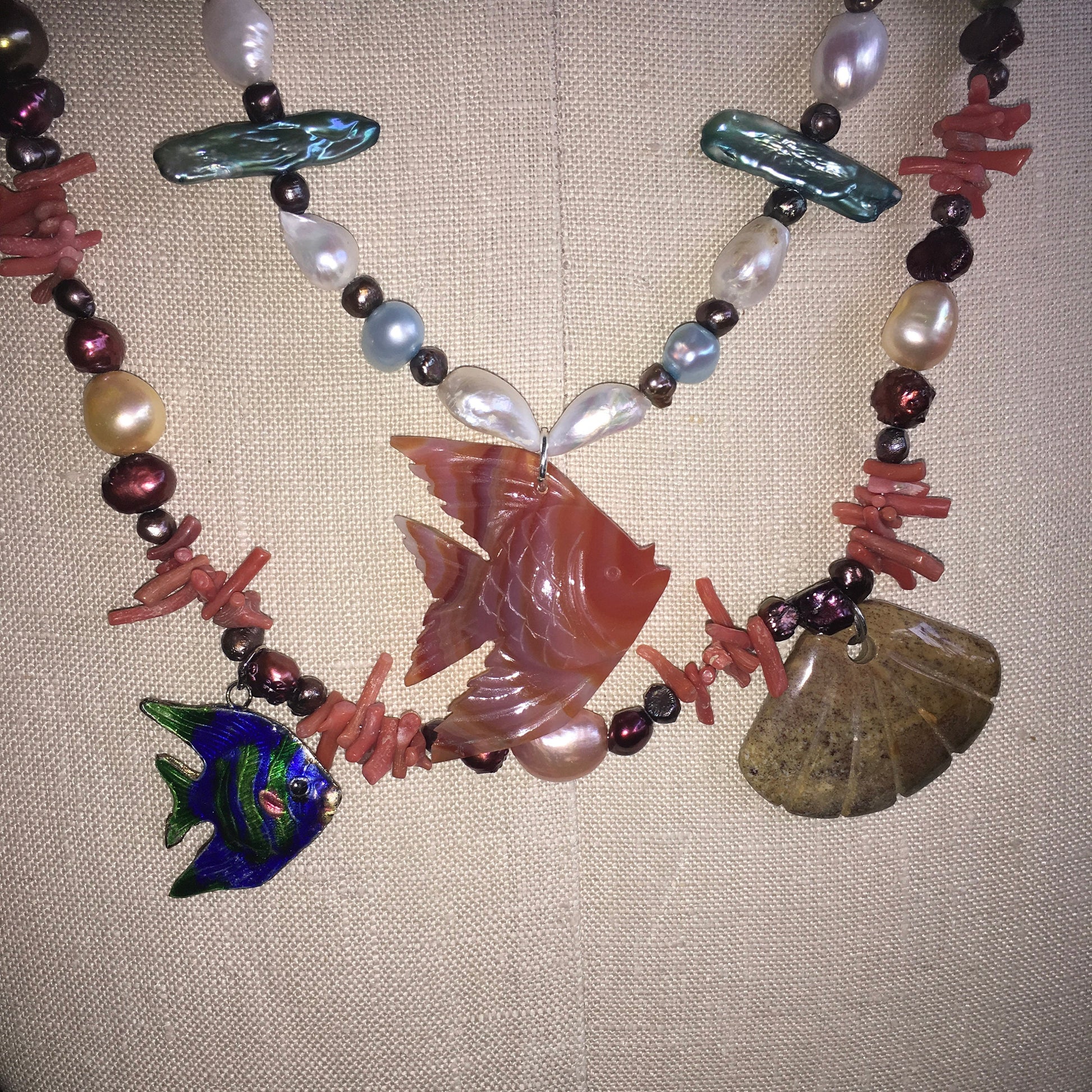 Ocean necklace "Tropical Reef" Carnelian Fish, Enameled Fish, Jasper Shell, Vintage Coral, Freshwater Pearls, Gift idea, Mermaid jewelry