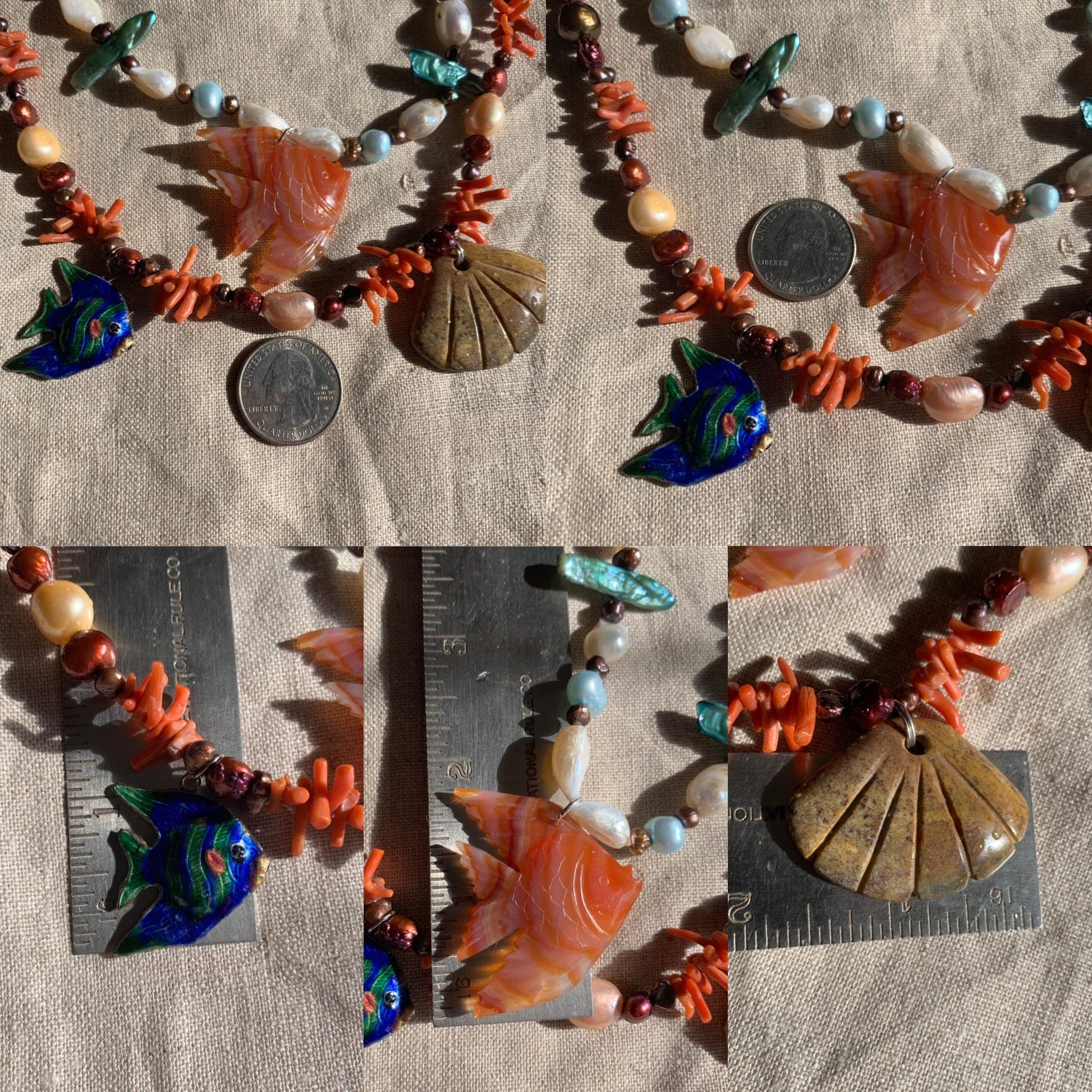 Ocean necklace "Tropical Reef" Carnelian Fish, Enameled Fish, Jasper Shell, Vintage Coral, Freshwater Pearls, Gift idea, Mermaid jewelry