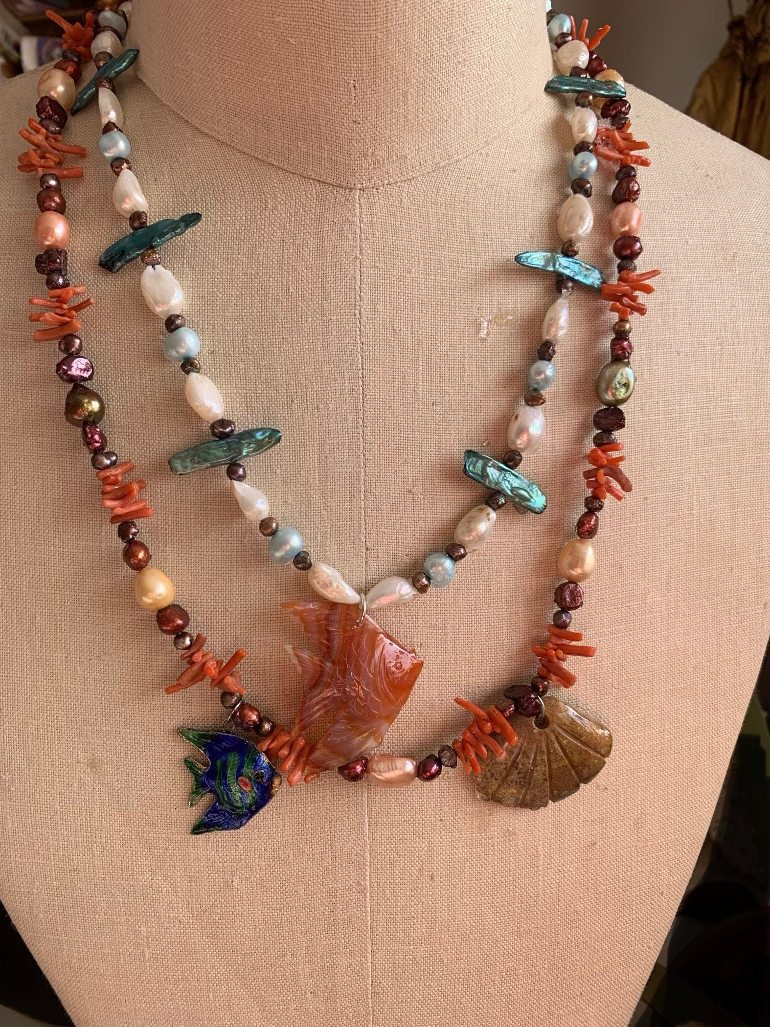 Ocean necklace "Tropical Reef" Carnelian Fish, Enameled Fish, Jasper Shell, Vintage Coral, Freshwater Pearls, Gift idea, Mermaid jewelry