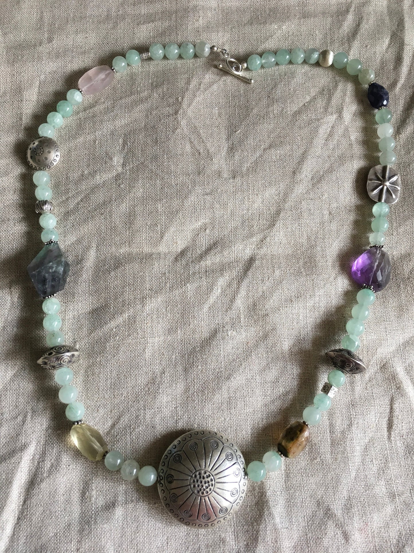 necklace "Spring Statement" Fine Silver focal beads, Aventurine, Iolite, Amethyst, Tourmaline, Statement piece, Gender Neutral, Reiki vibes