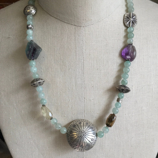 necklace "Spring Statement" Fine Silver focal beads, Aventurine, Iolite, Amethyst, Tourmaline, Statement piece, Gender Neutral, Reiki vibes