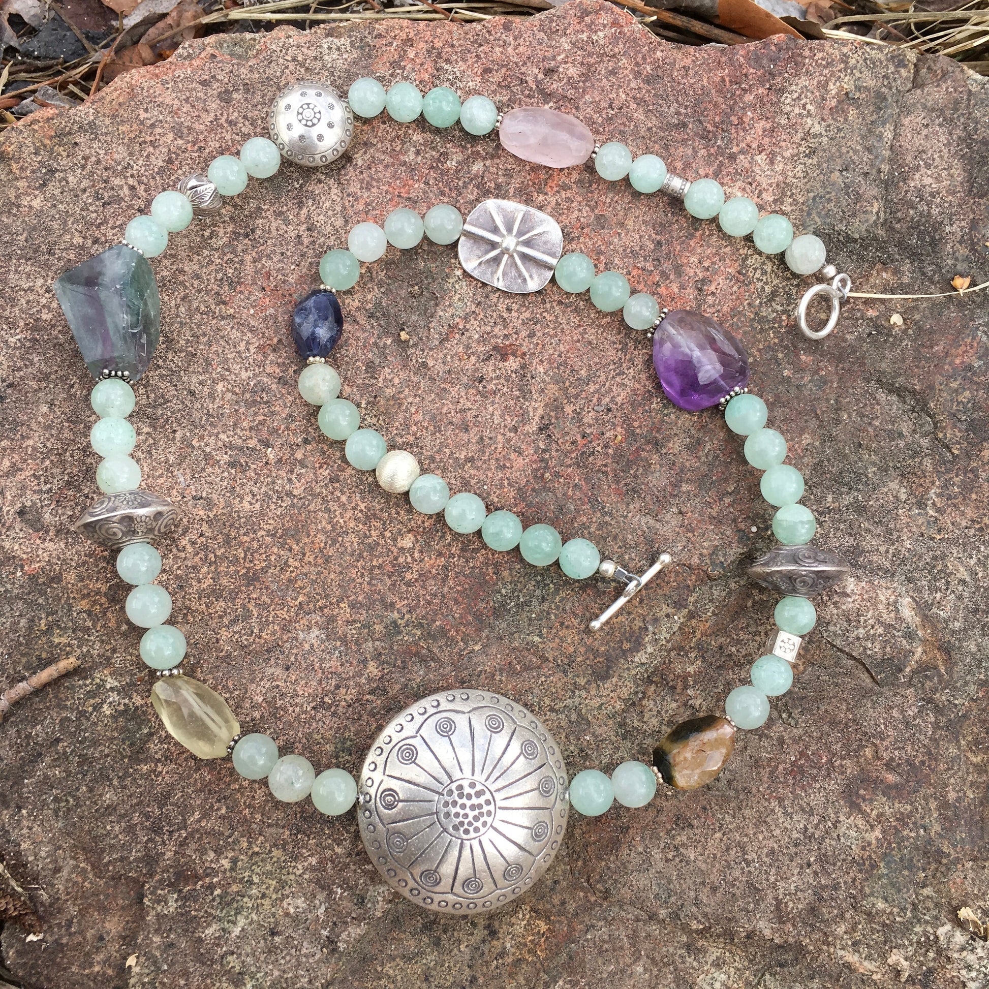 necklace "Spring Statement" Fine Silver focal beads, Aventurine, Iolite, Amethyst, Tourmaline, Statement piece, Gender Neutral, Reiki vibes