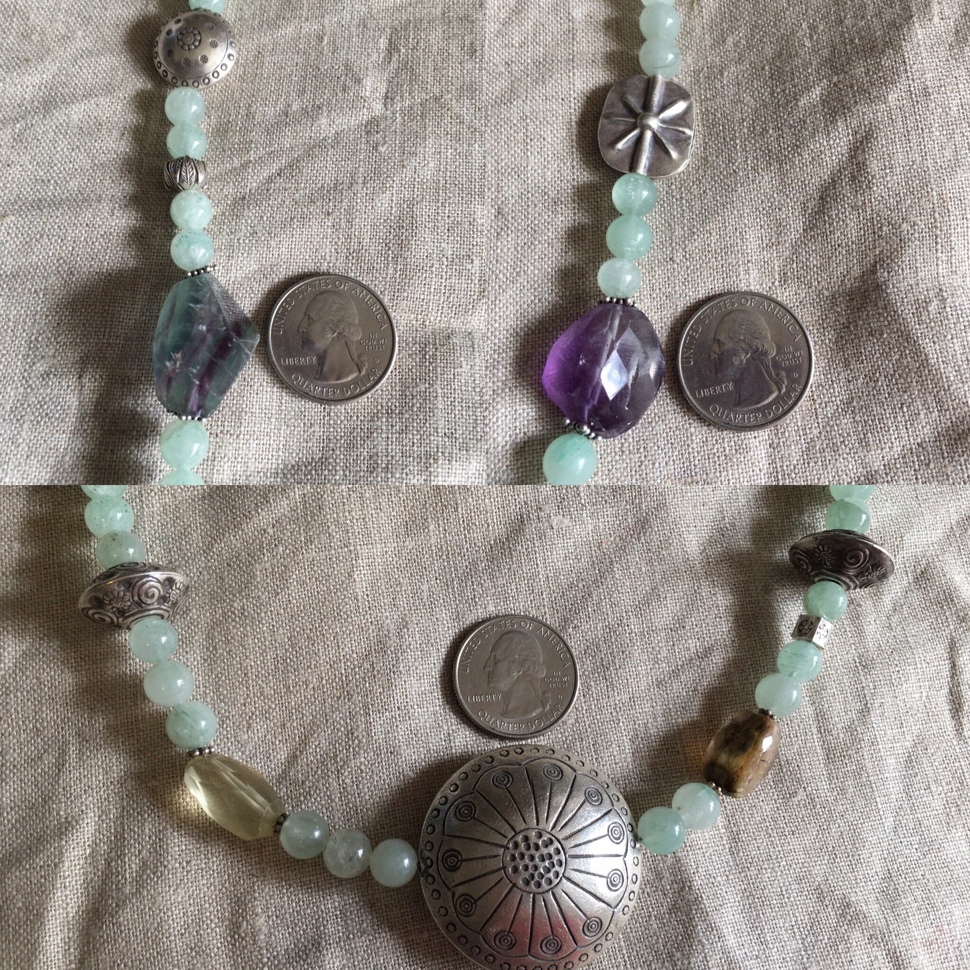 necklace "Spring Statement" Fine Silver focal beads, Aventurine, Iolite, Amethyst, Tourmaline, Statement piece, Gender Neutral, Reiki vibes