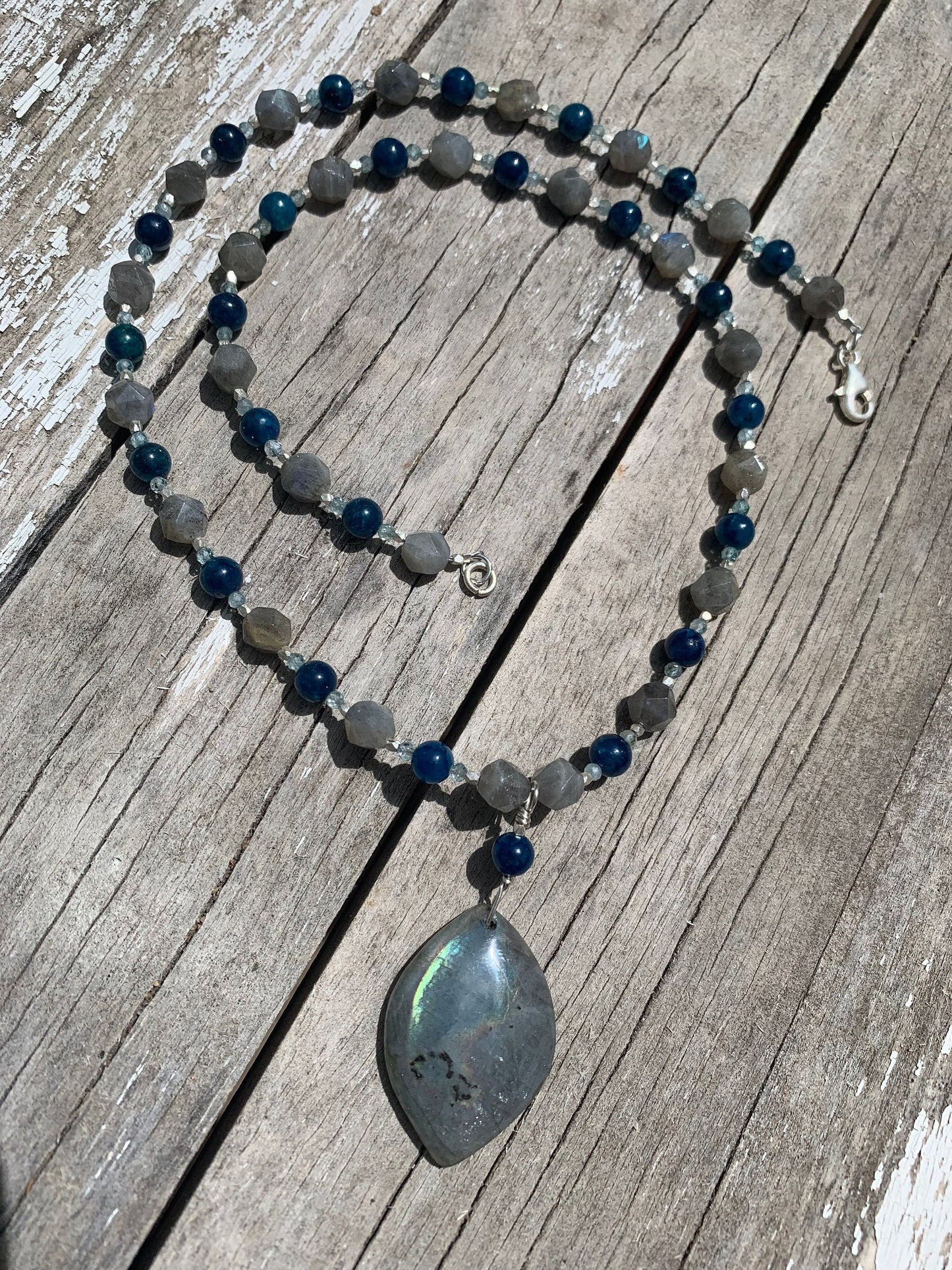 necklace "Spring Rains" Labradorite & Apatite pendant, Labradorite, Apatite, Hill Tribe Silver, Reiki charged, Gift Idea, Gender Neutral