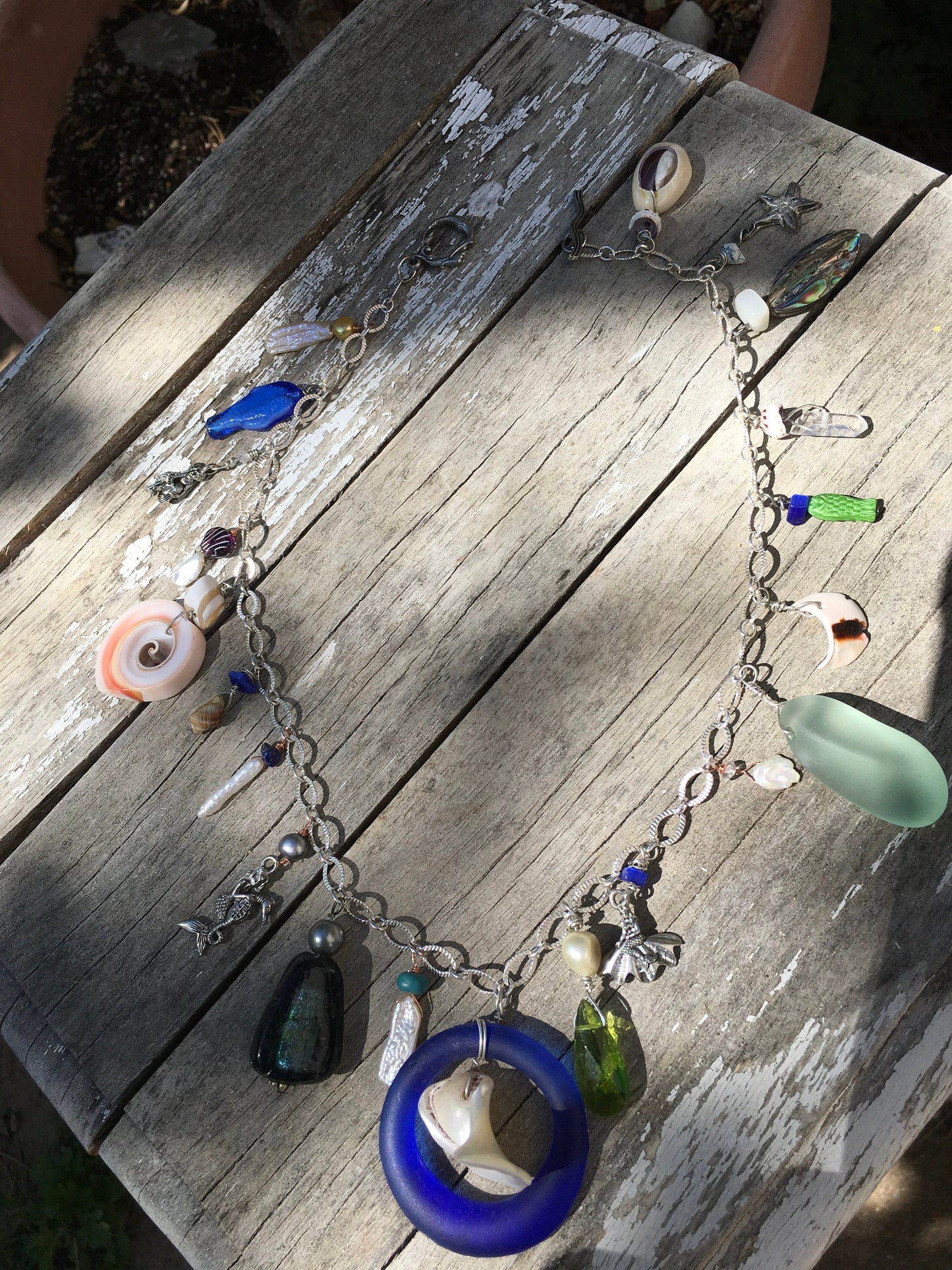 necklace "Mermaid Treasures" Charm necklace, Beach glass, recycled glass, Pearls, Shells, Mermaid charms, Mermaid jewelry, Beach, Gift idea