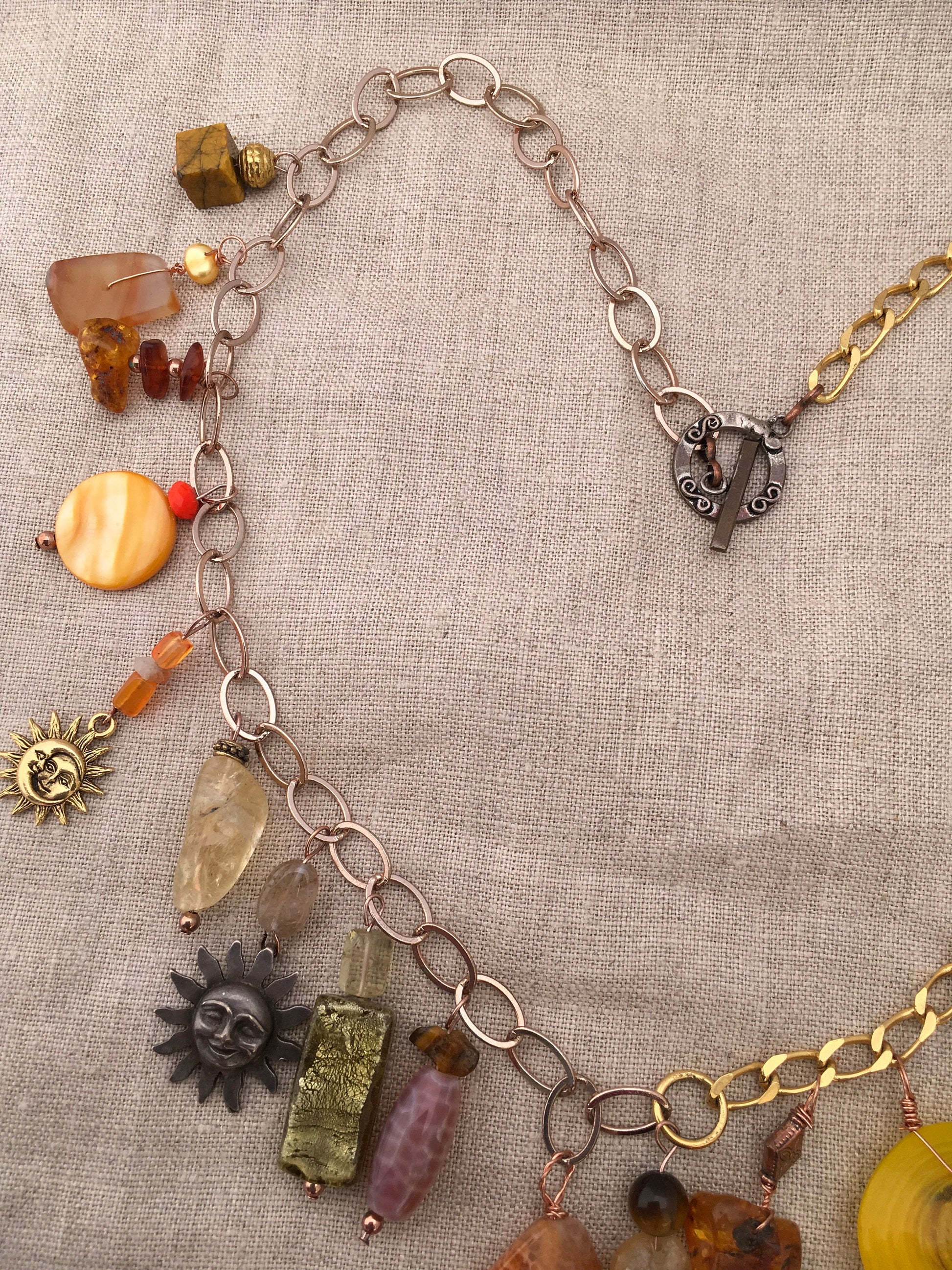 necklace "Du Soleil" Fire agate & Brass Sun pendant, Citrine, Carnelian, Handmade Charms, Sun Charms, Charm necklace, Reiki charged