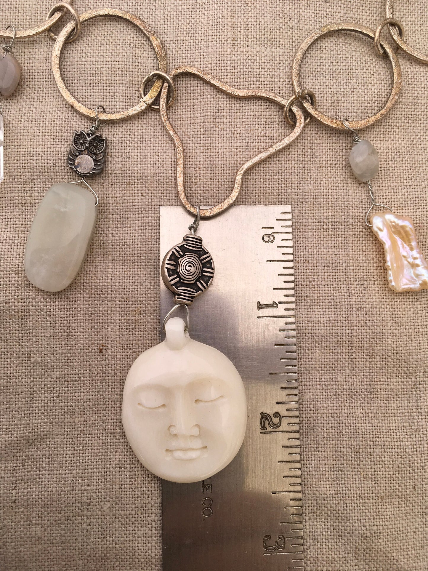 necklace "Full Moon" Carved Bone Moon pendant, Charm necklace, Statement Piece, Moonstone, Goddess charm, Fairy, Pearls, Gift idea, Crystals