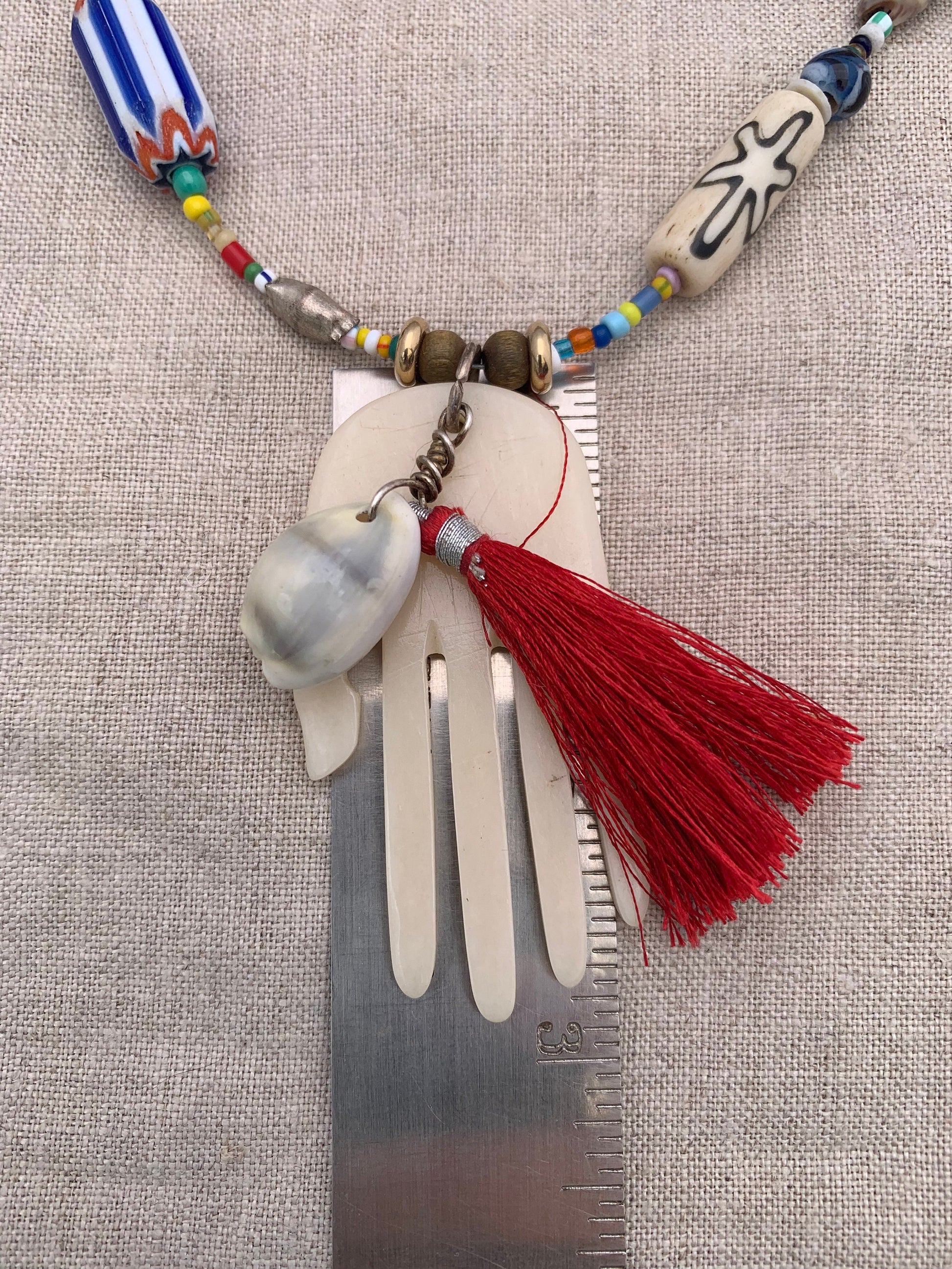 necklace "Her Magic Hand" Bone Hamsa with Shell & Tassel pendant, African Trade Beads, Krobo beads, Shells, Bohemian jewelry, Reiki charged