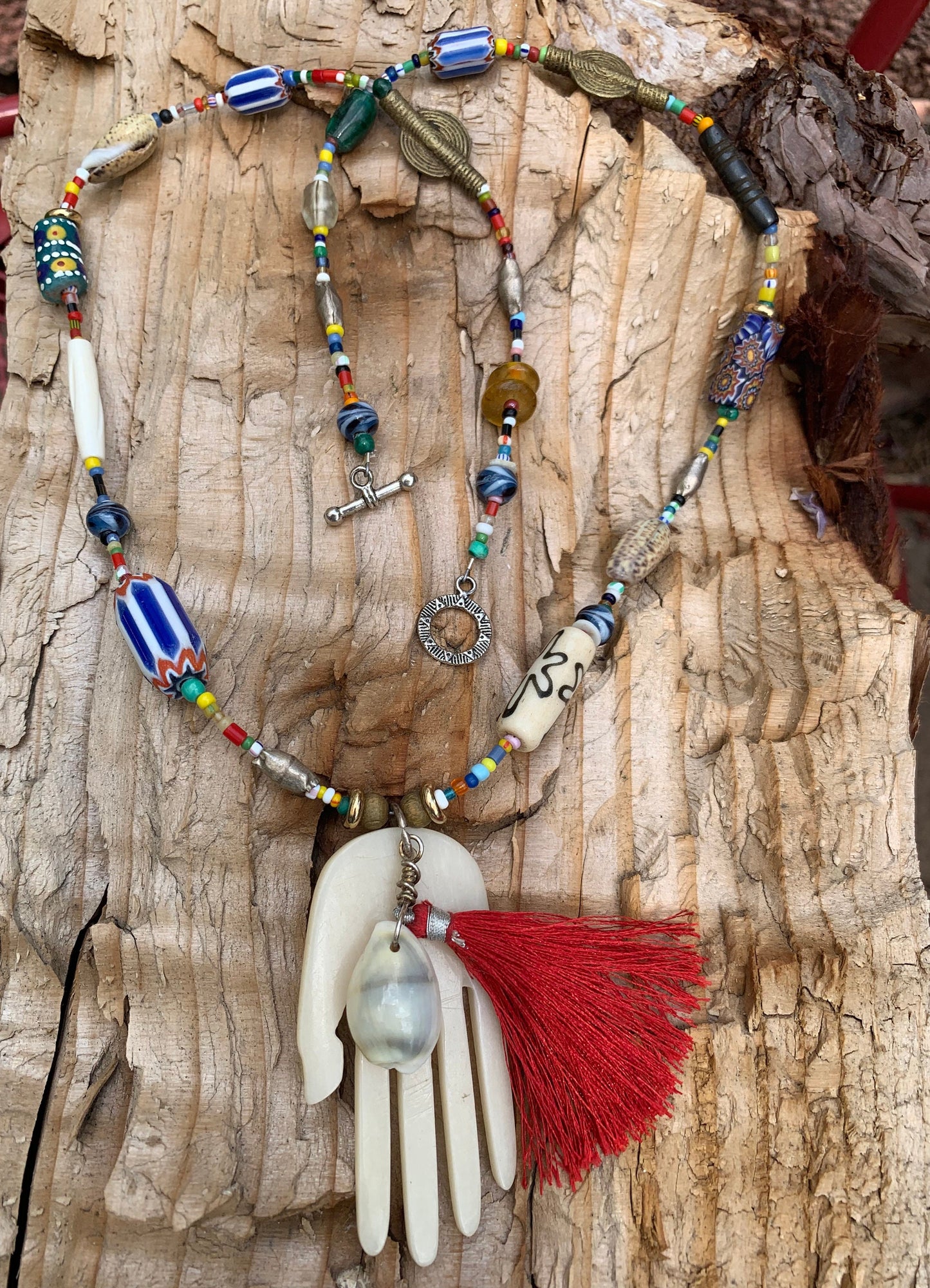 necklace "Her Magic Hand" Bone Hamsa with Shell & Tassel pendant, African Trade Beads, Krobo beads, Shells, Bohemian jewelry, Reiki charged