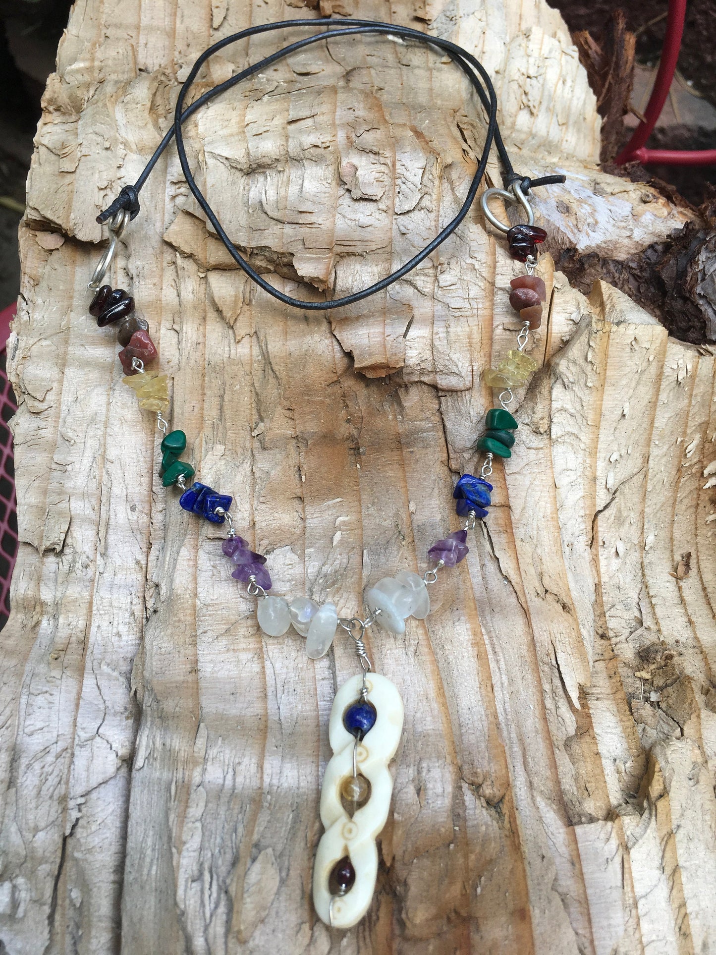 necklace "Helix" Carved Bone pendant, Rainbow stones, LGBTQ+ Jewelry, Pride jewelry, Chakra necklace, Reiki charged, Handmade chain, Rainbow