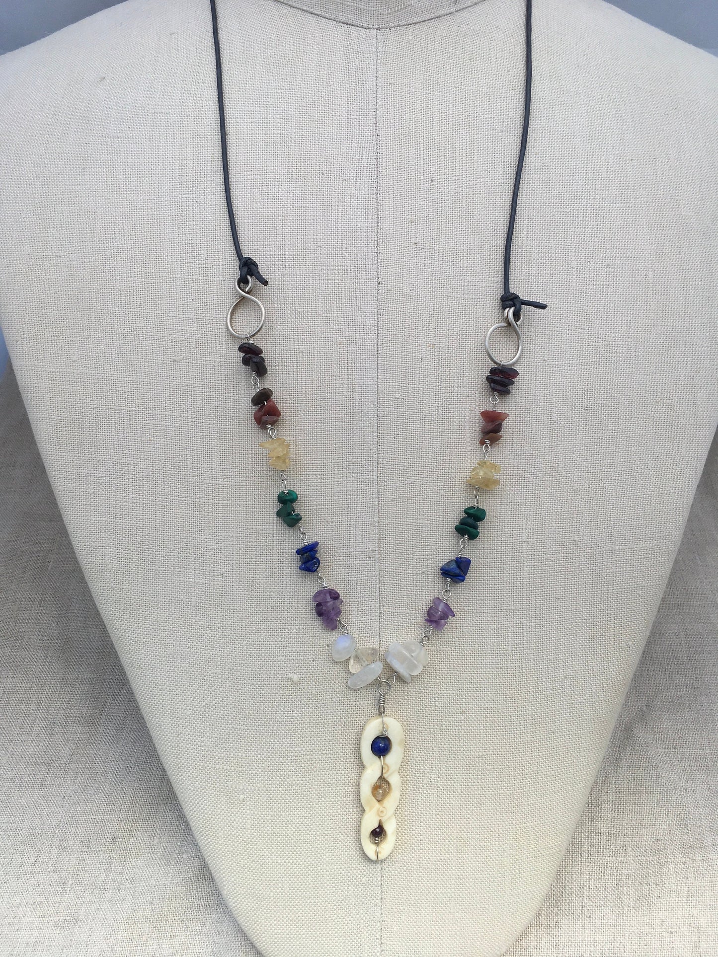 necklace "Helix" Carved Bone pendant, Rainbow stones, LGBTQ+ Jewelry, Pride jewelry, Chakra necklace, Reiki charged, Handmade chain, Rainbow