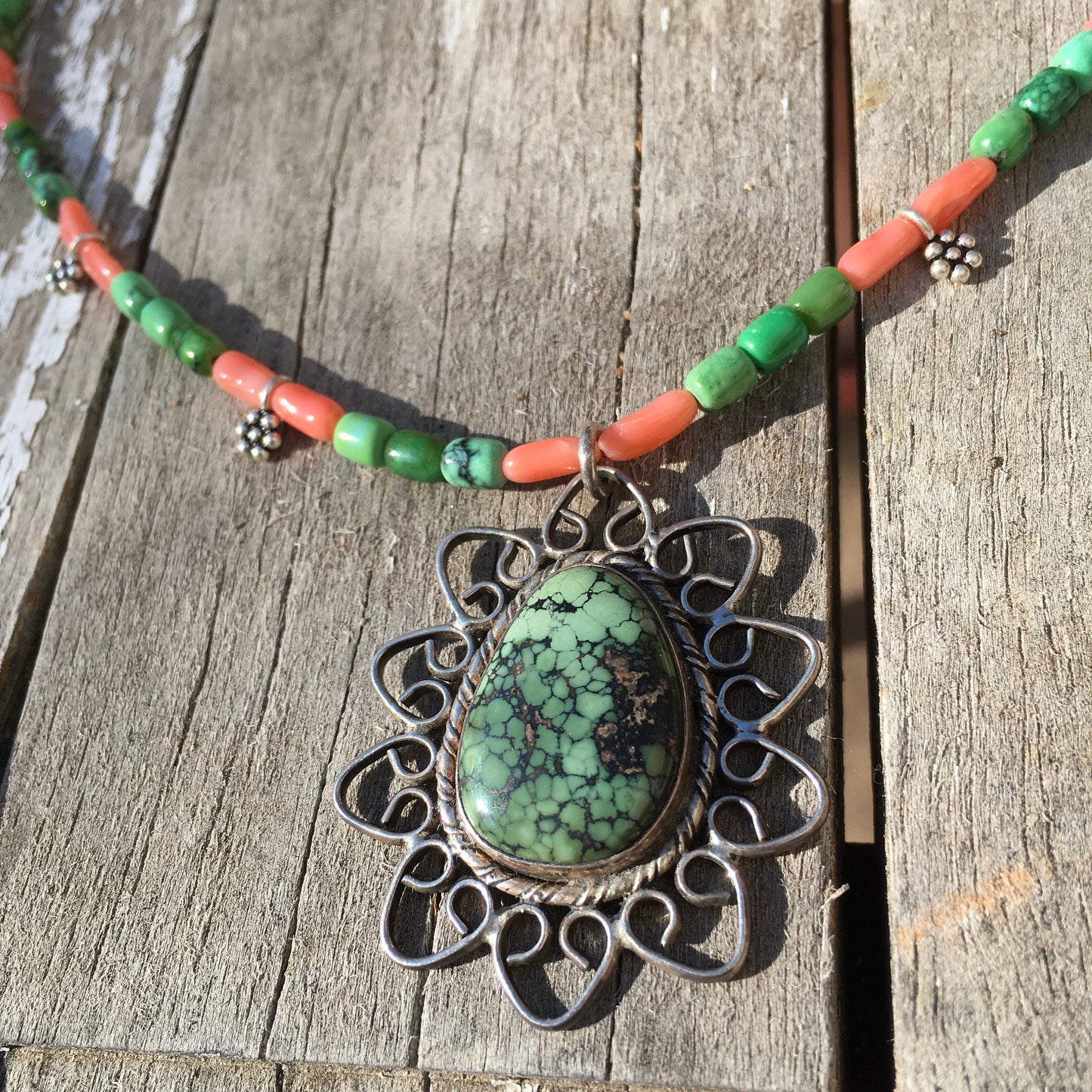 necklace "May Day" Estate Turquoise pendant, New Mexico Turquoise, Vintage Coral, Sterling Flowers, May Day jewelry, Beltane, Reiki charged