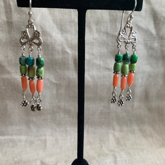 earrings "May Day Chandeliers" Sterling charms, New Mexico Turquoise, Vintage Coral, Sterling Flowers, Art Nouveau style, Spring Style