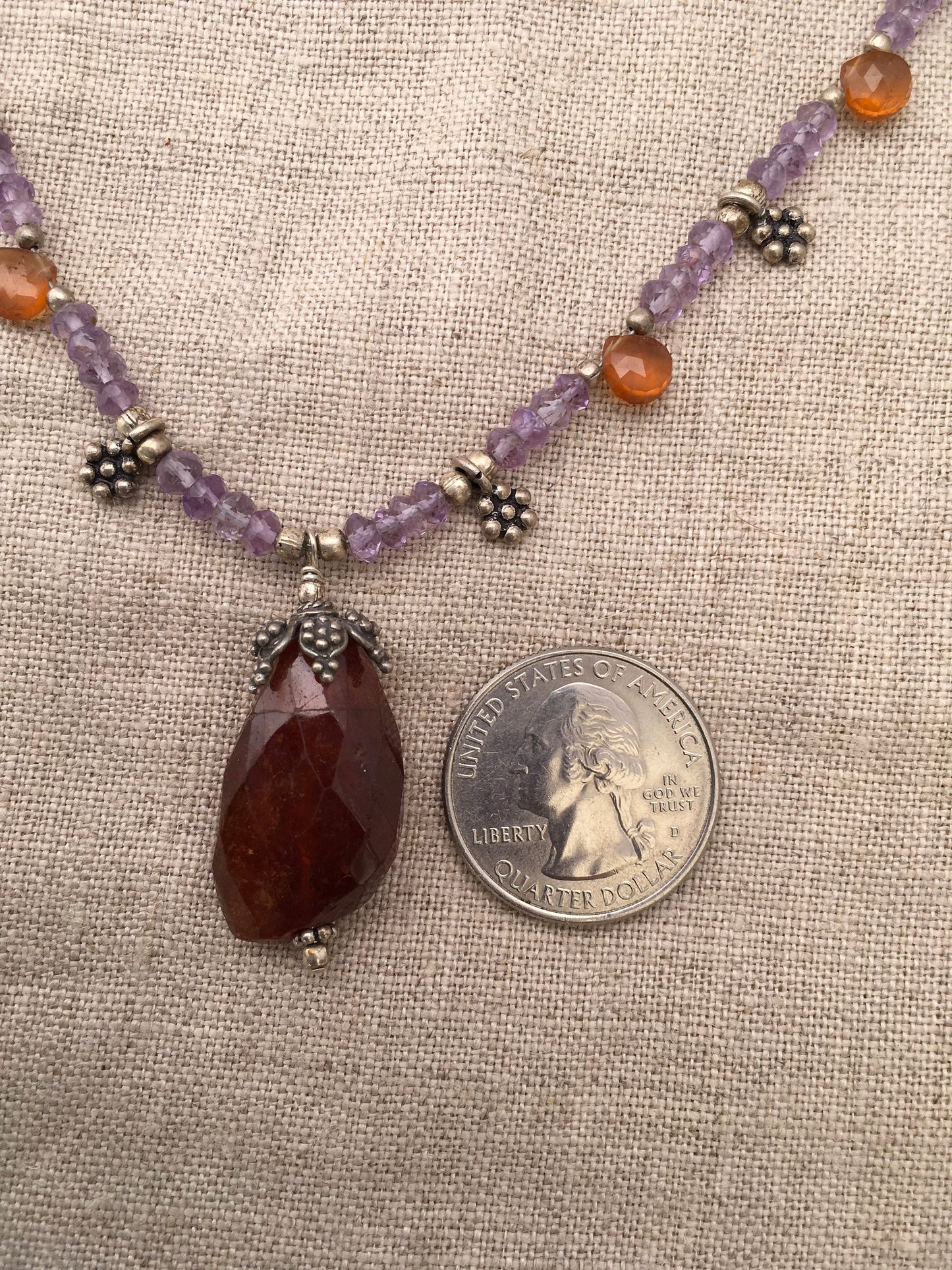 necklace "MidSummer Sunset" Hessonite pendant, Amethyst, Brown Garnet, Mid-Summer, Litha, Eclipse jewelry, Reiki charged, Gift idea