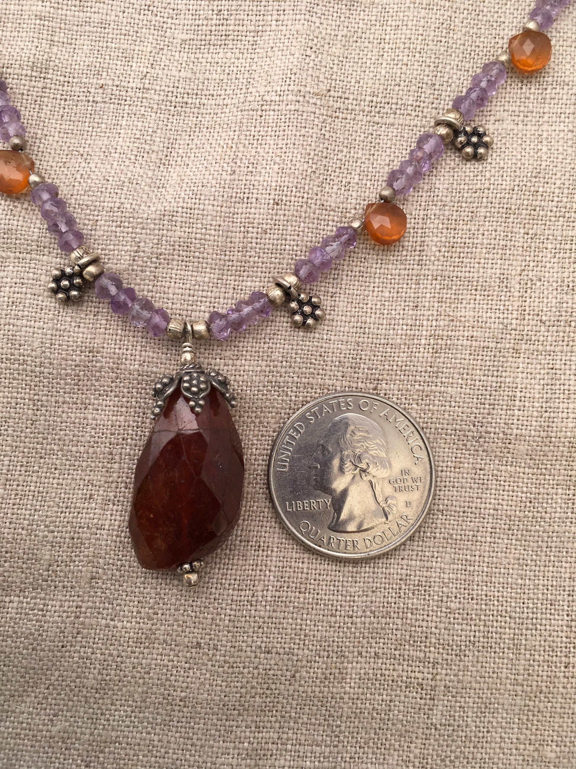 necklace "MidSummer Sunset" Hessonite pendant, Amethyst, Brown Garnet, Mid-Summer, Litha, Eclipse jewelry, Reiki charged, Gift idea