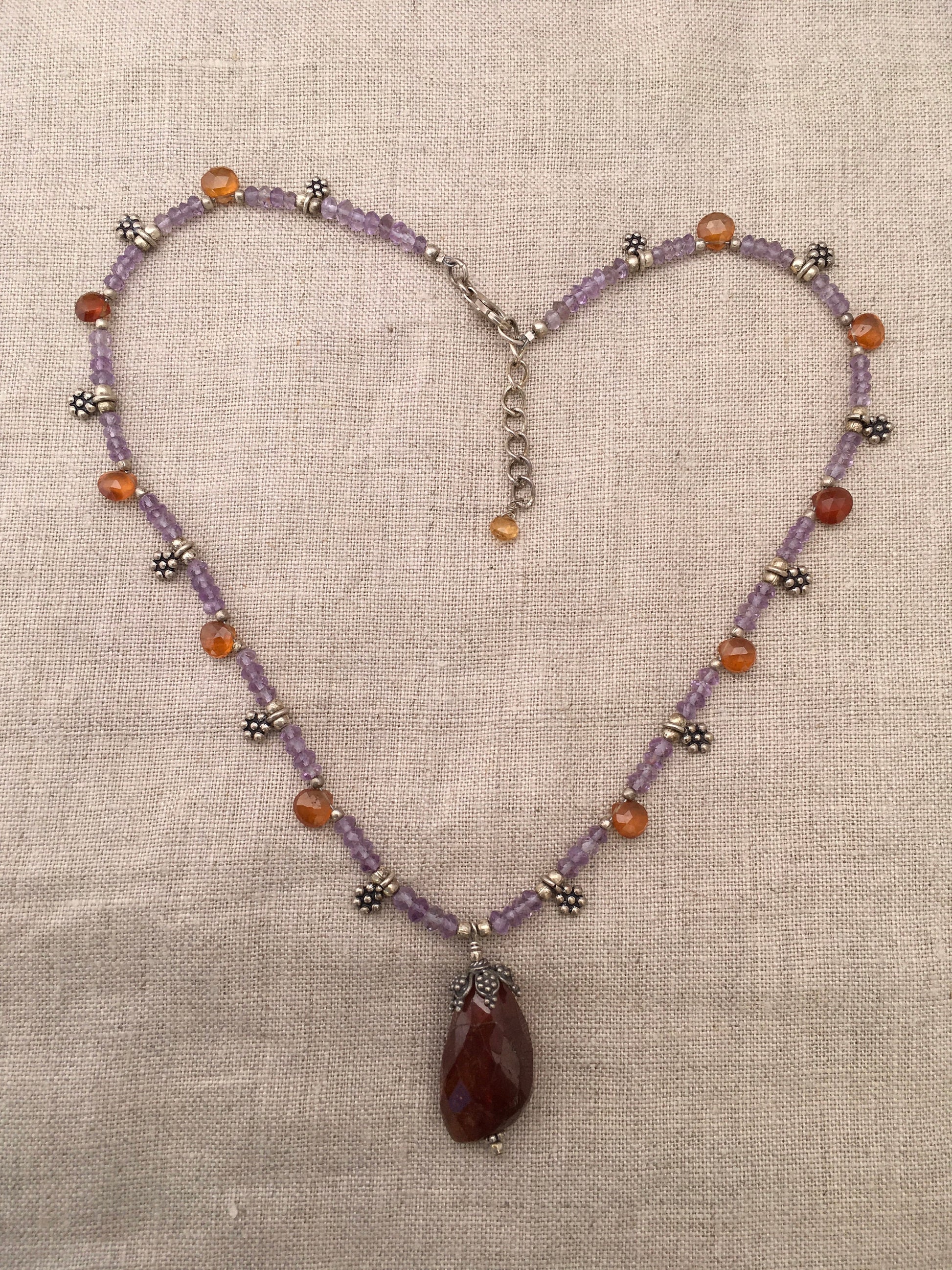 necklace "MidSummer Sunset" Hessonite pendant, Amethyst, Brown Garnet, Mid-Summer, Litha, Eclipse jewelry, Reiki charged, Gift idea