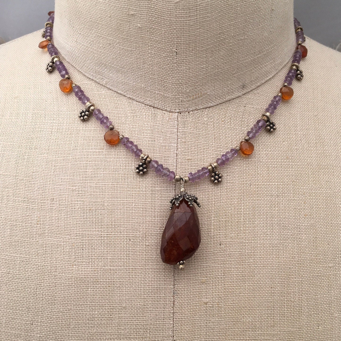 necklace "MidSummer Sunset" Hessonite pendant, Amethyst, Brown Garnet, Mid-Summer, Litha, Eclipse jewelry, Reiki charged, Gift idea