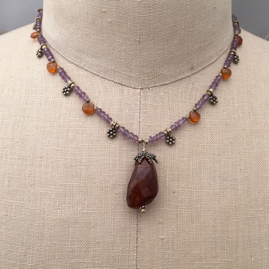 necklace "MidSummer Sunset" Hessonite pendant, Amethyst, Brown Garnet, Mid-Summer, Litha, Eclipse jewelry, Reiki charged, Gift idea